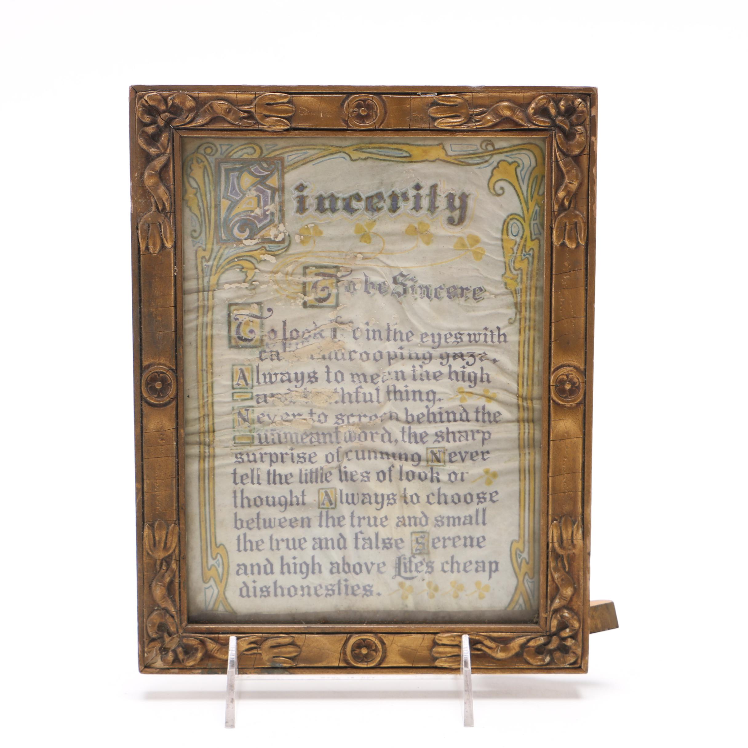 Gouache and Ink Hand Lettered Poem on Paper "Sincerity"