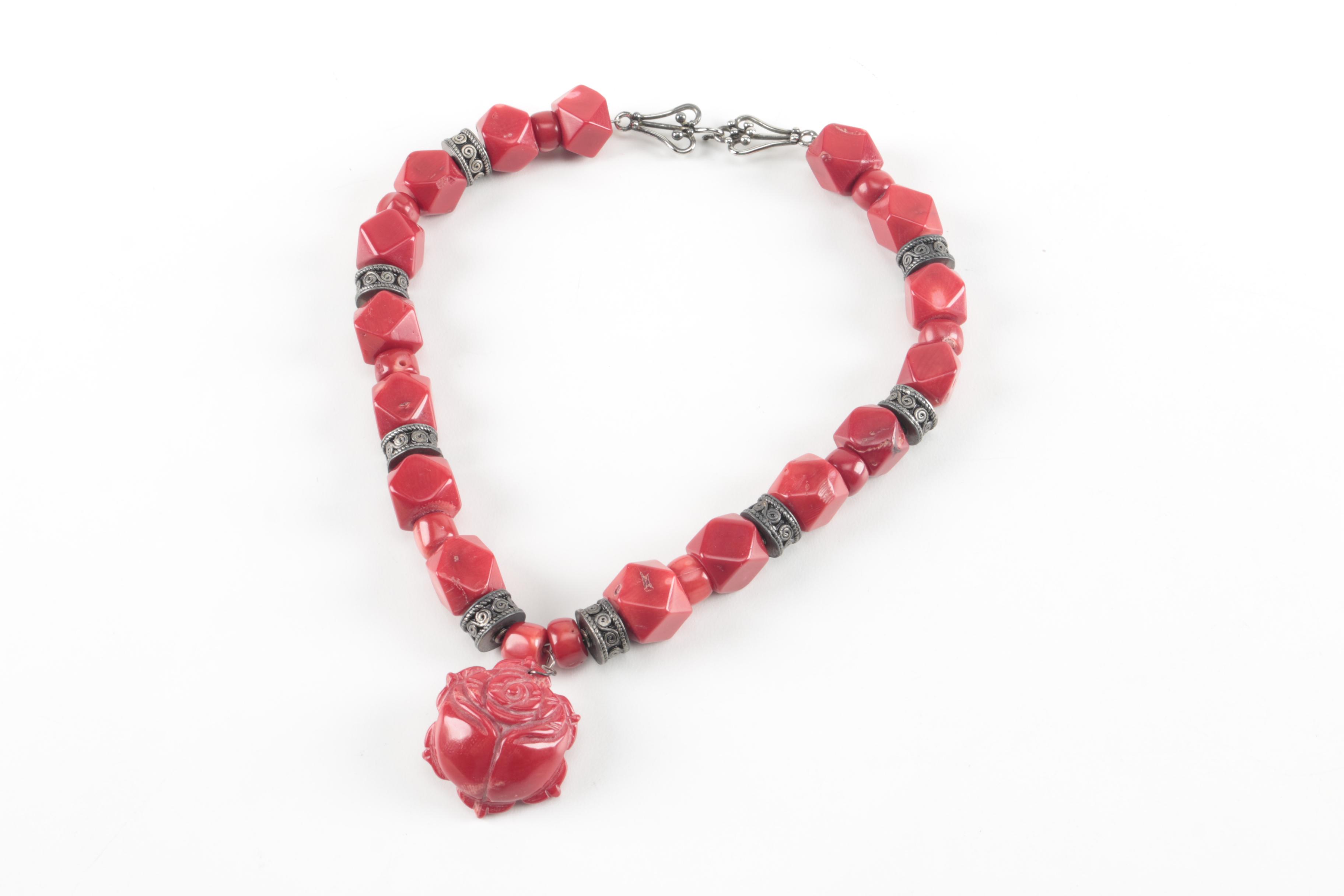 Costume Shell and Coral Necklaces With Rings