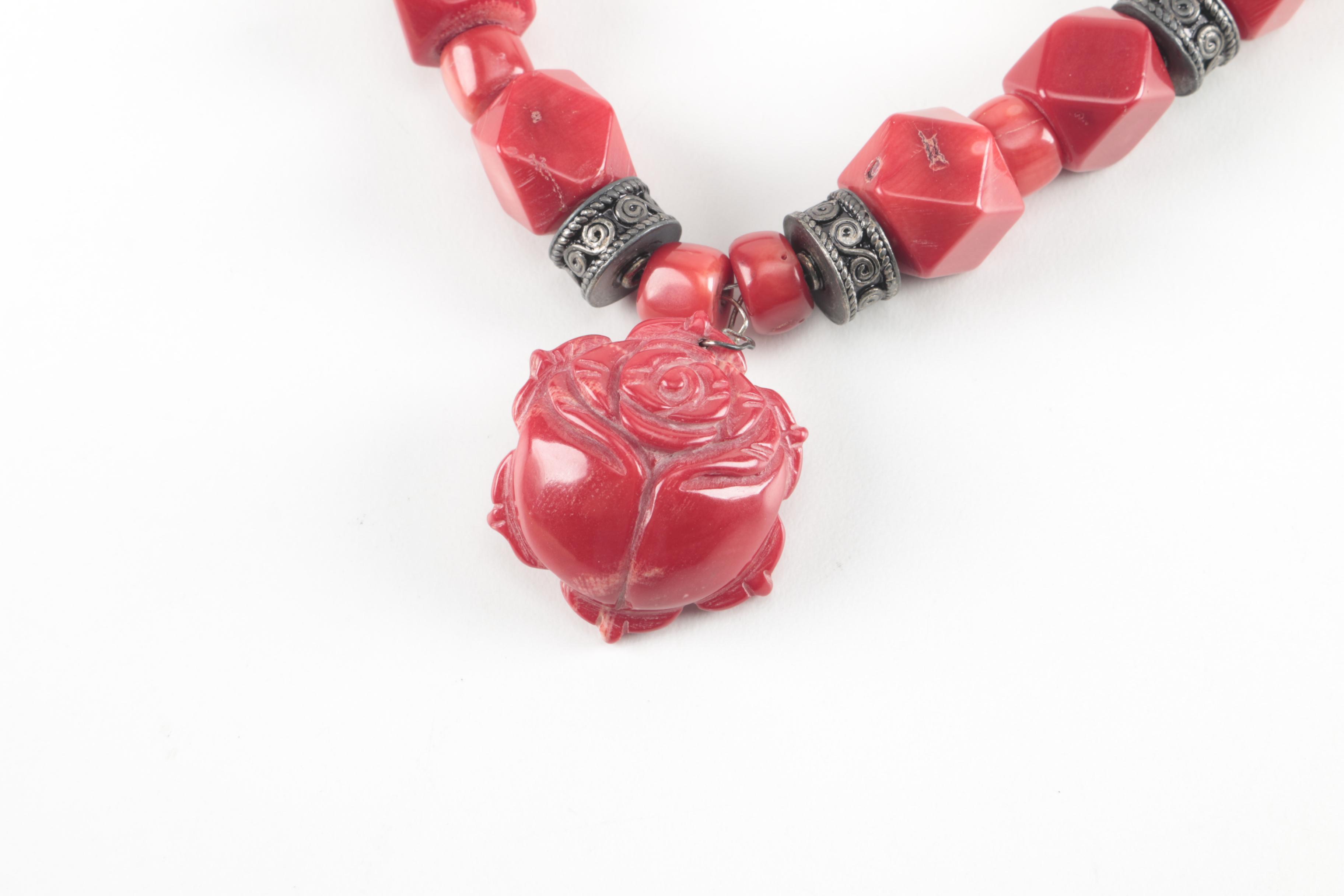 Costume Shell and Coral Necklaces With Rings