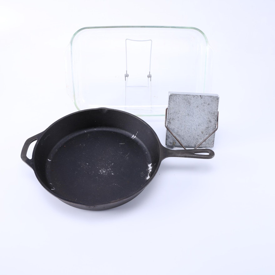 Lodge Cast Iron Skillet, Pyrex Baking Dish, and Soapstone Warmer