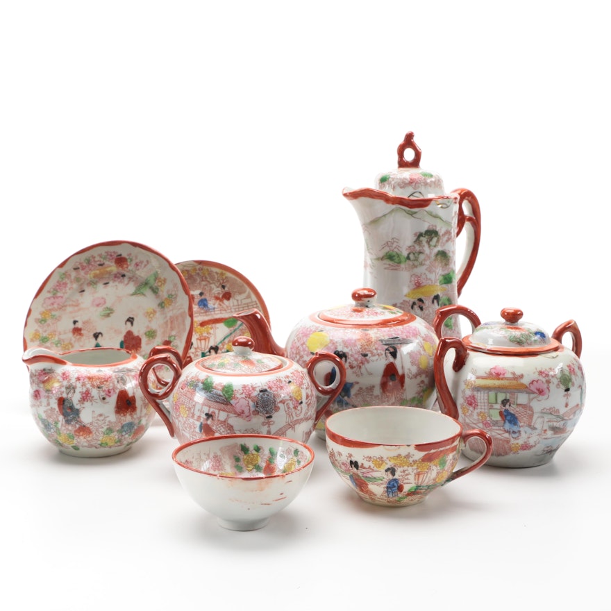 Hand Painted Red and White Porcelain Japanese Tea Set