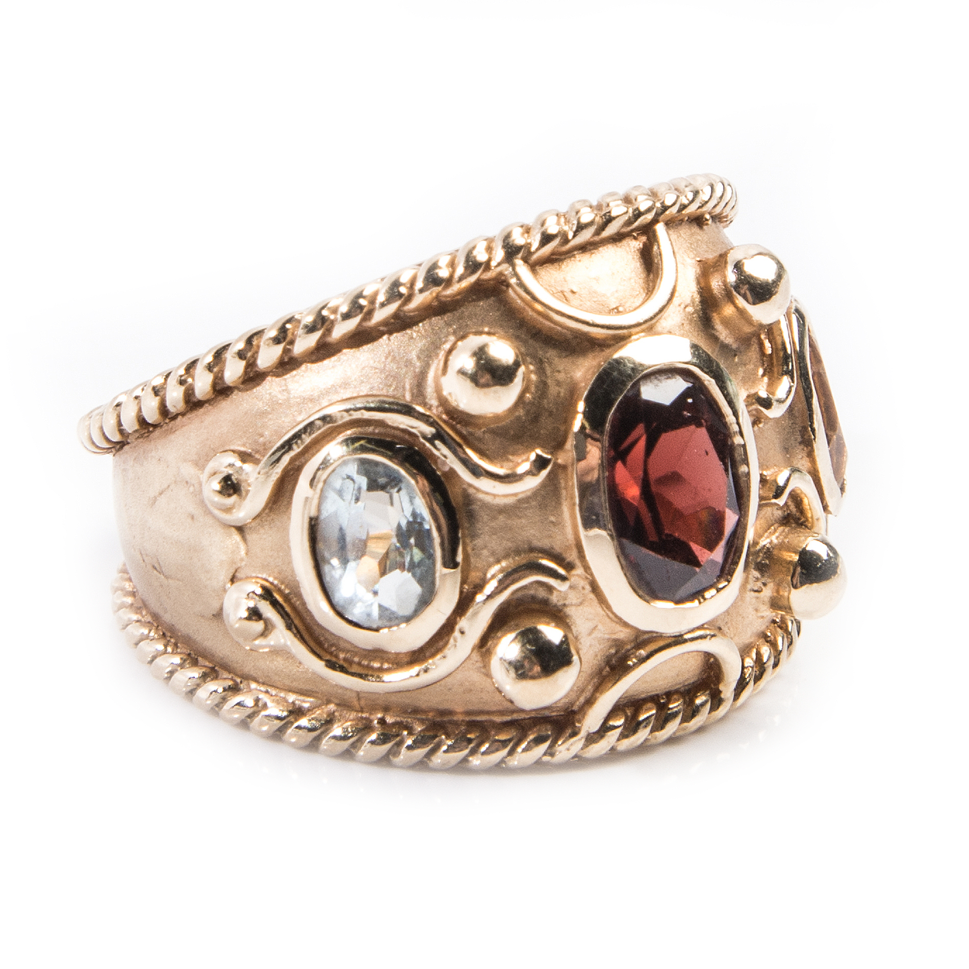 14K Yellow Gold Garnet, Aquamarine, Citrine Ring