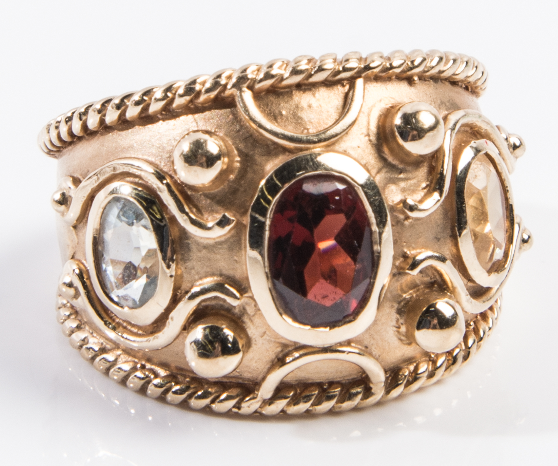 14K Yellow Gold Garnet, Aquamarine, Citrine Ring