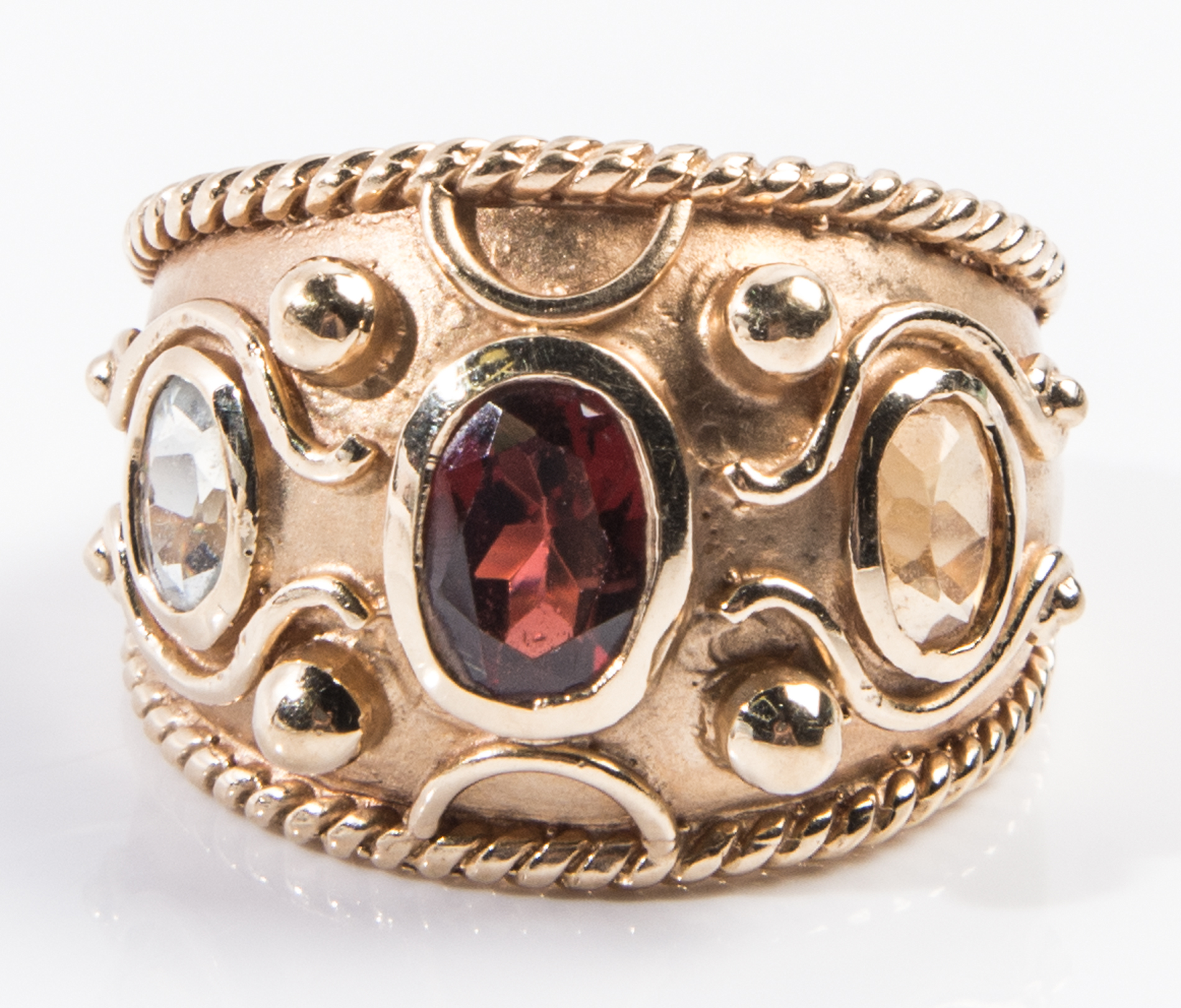 14K Yellow Gold Garnet, Aquamarine, Citrine Ring
