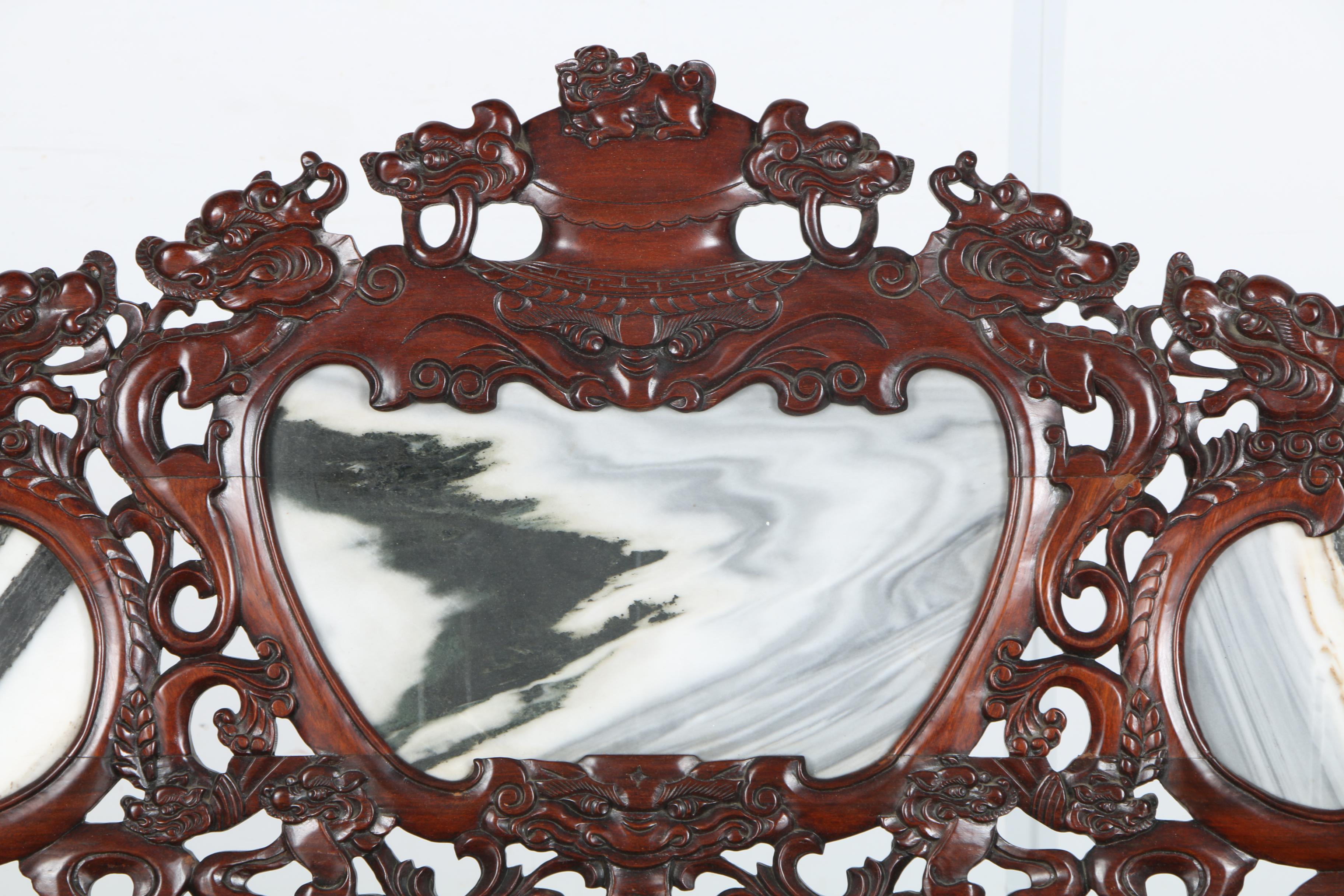 Vintage Carved Mahogany Chinese Bench With Marble Panels