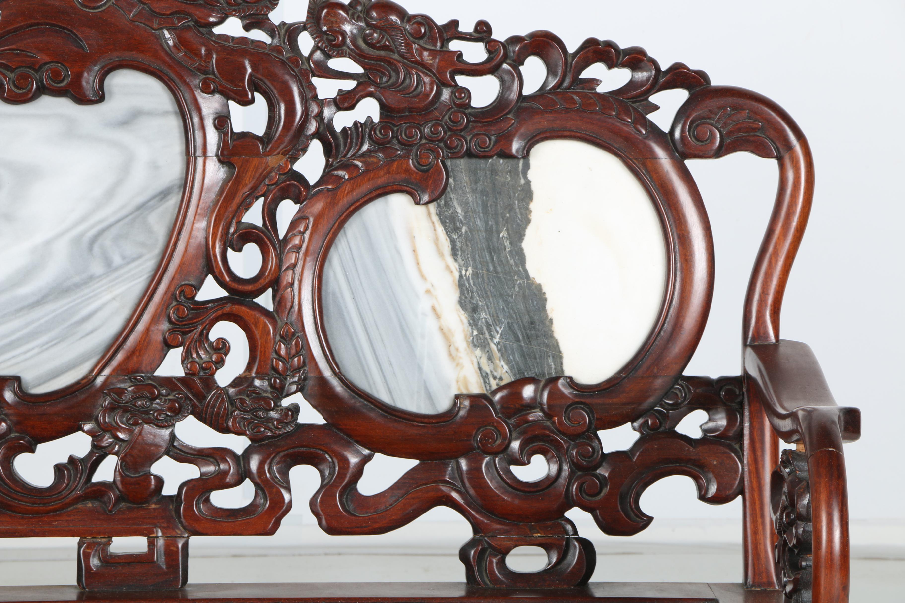 Vintage Carved Mahogany Chinese Bench With Marble Panels