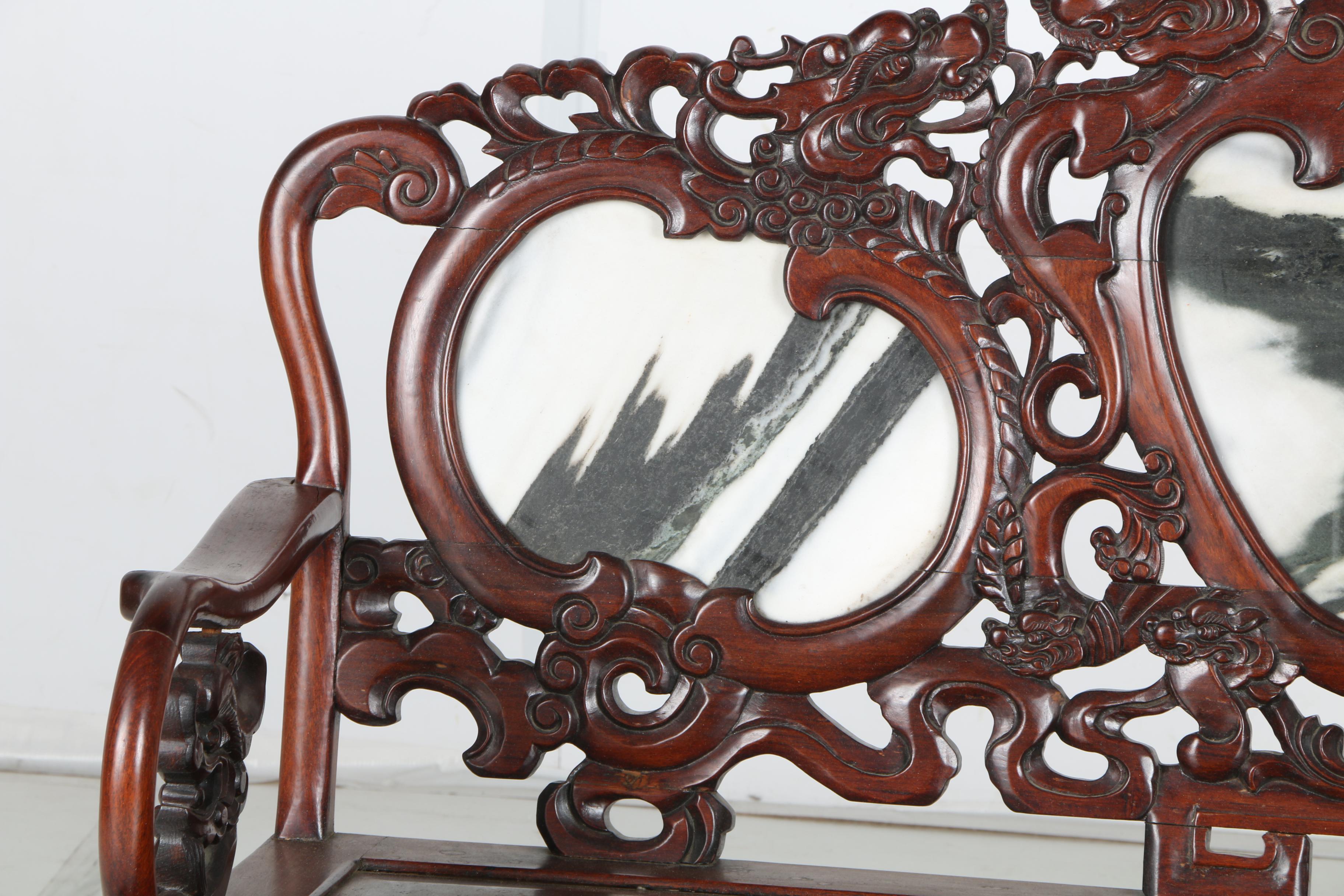 Vintage Carved Mahogany Chinese Bench With Marble Panels