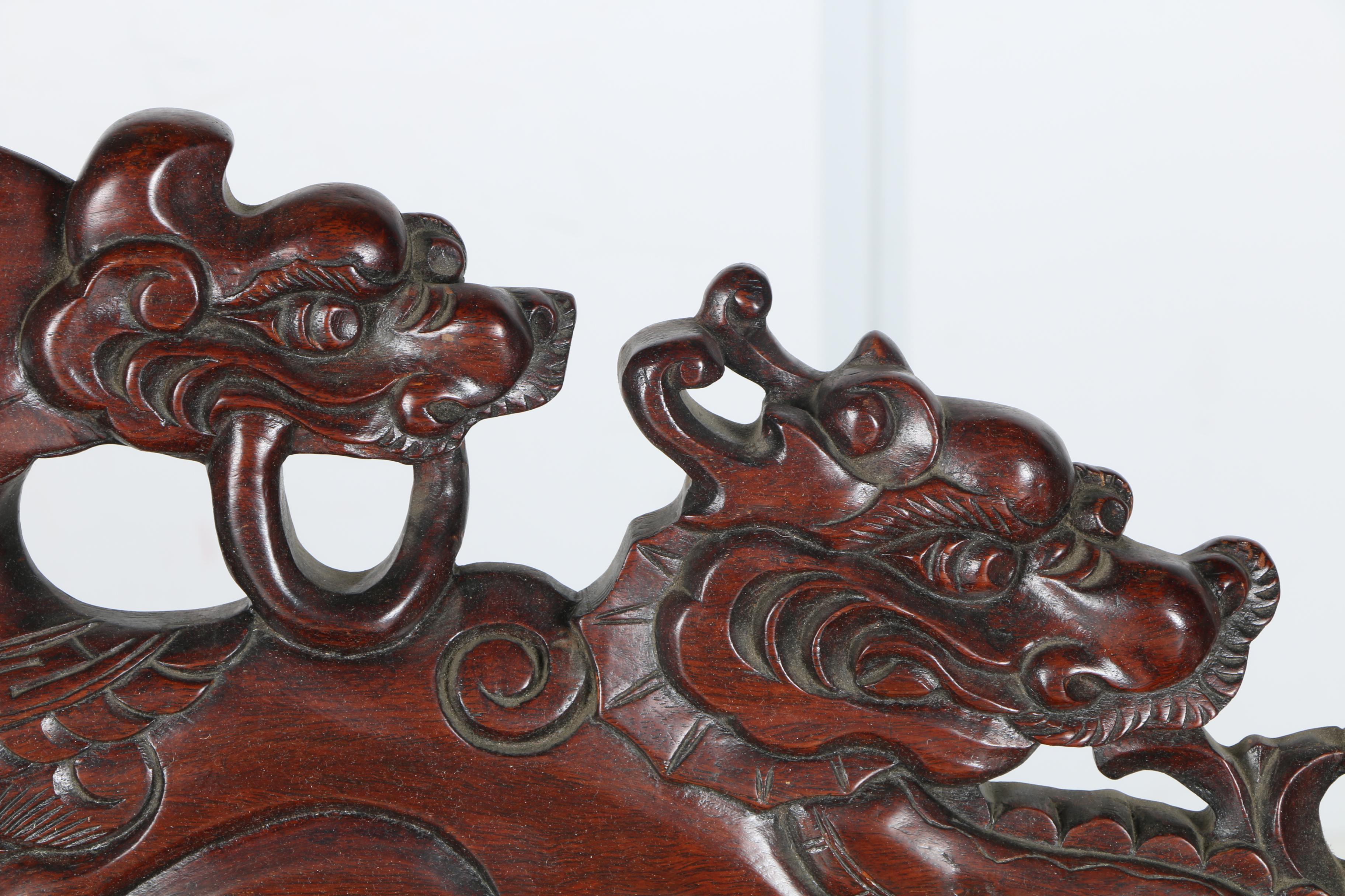 Vintage Carved Mahogany Chinese Bench With Marble Panels