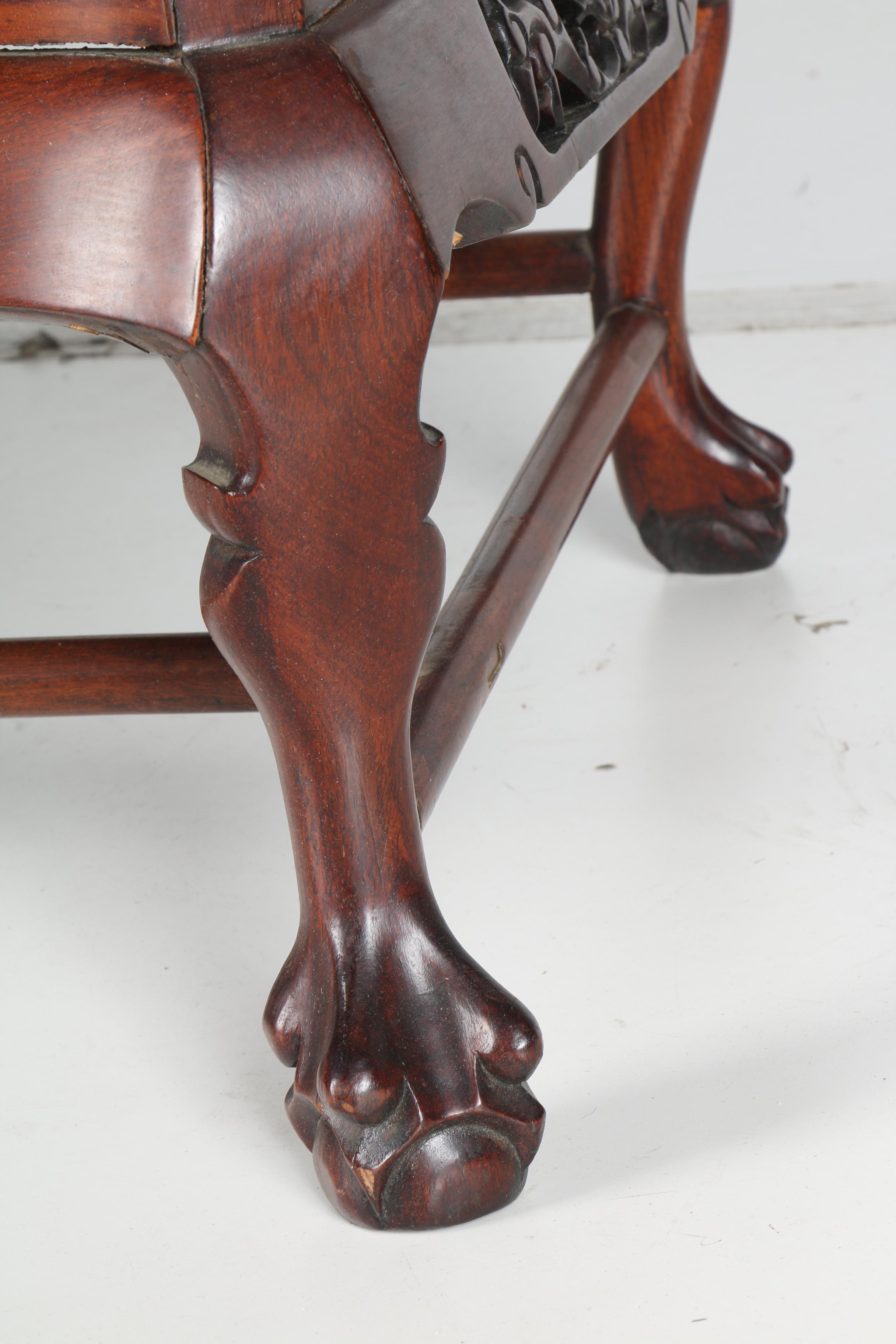 Vintage Carved Mahogany Chinese Bench With Marble Panels