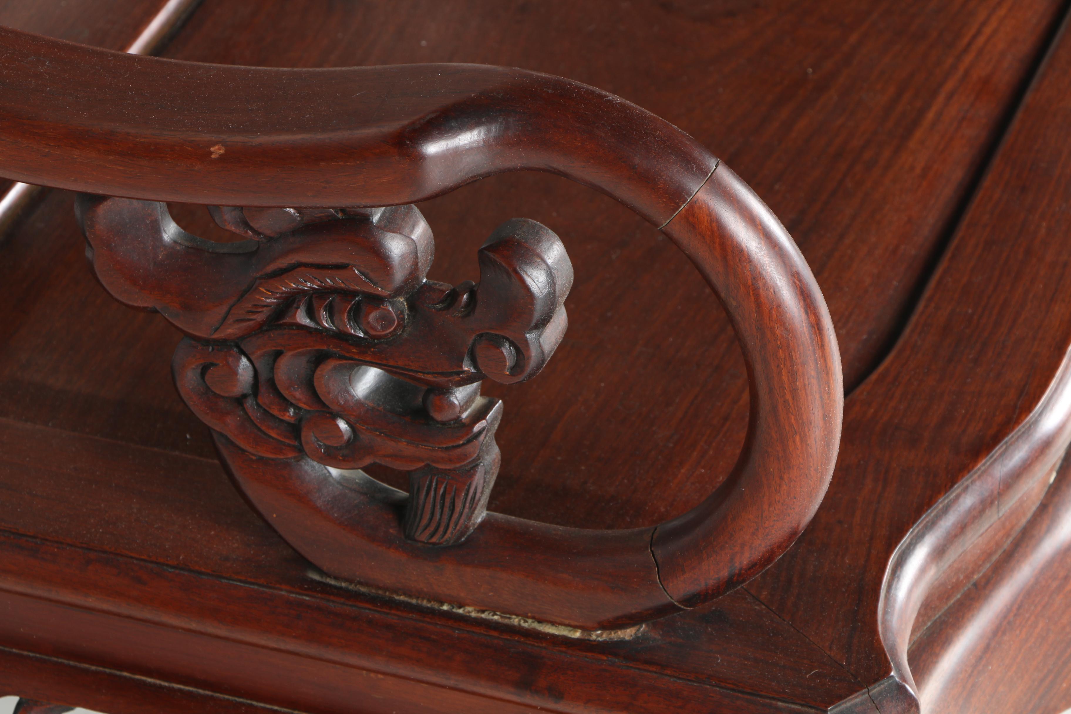 Vintage Carved Mahogany Chinese Bench With Marble Panels