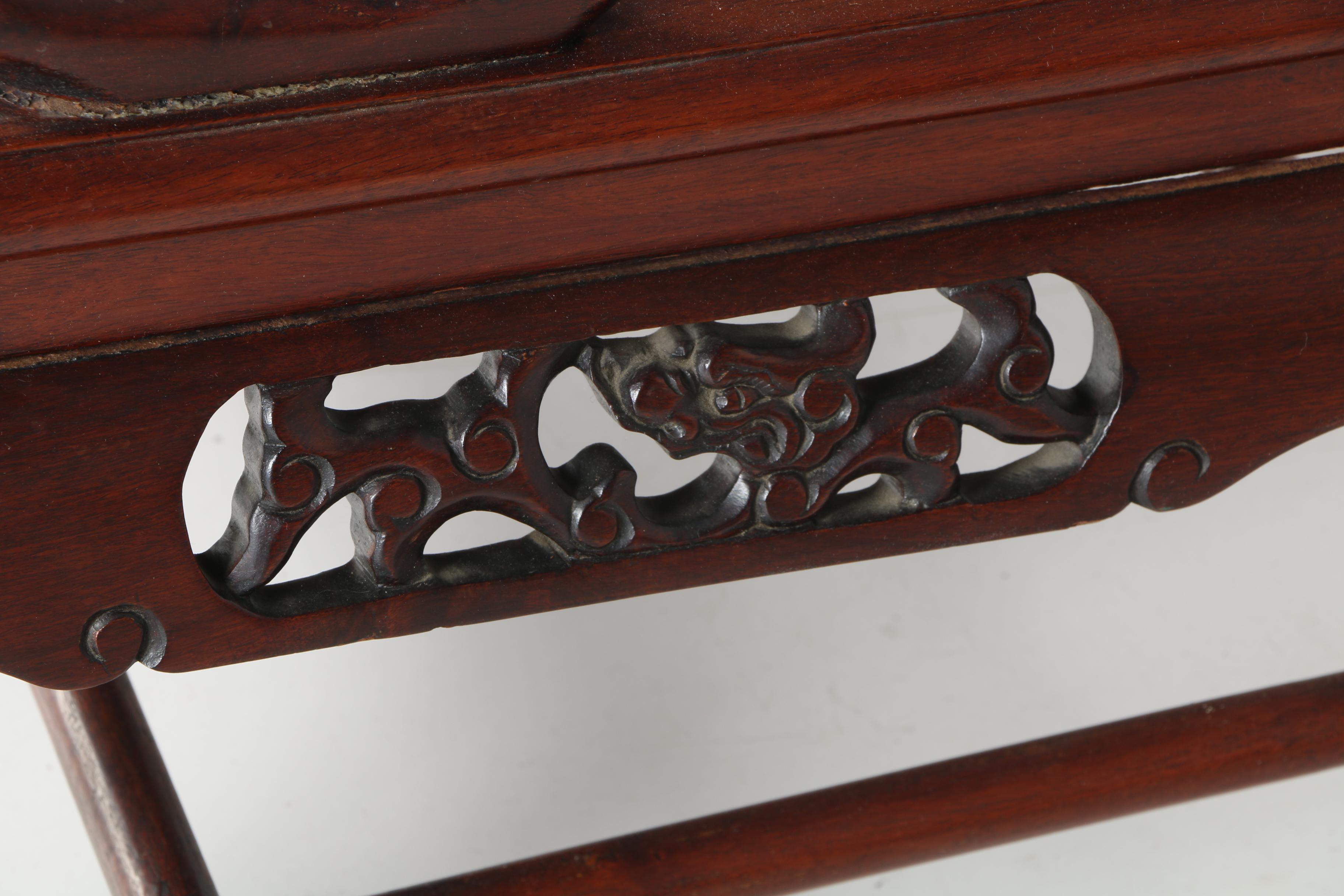 Vintage Carved Mahogany Chinese Bench With Marble Panels