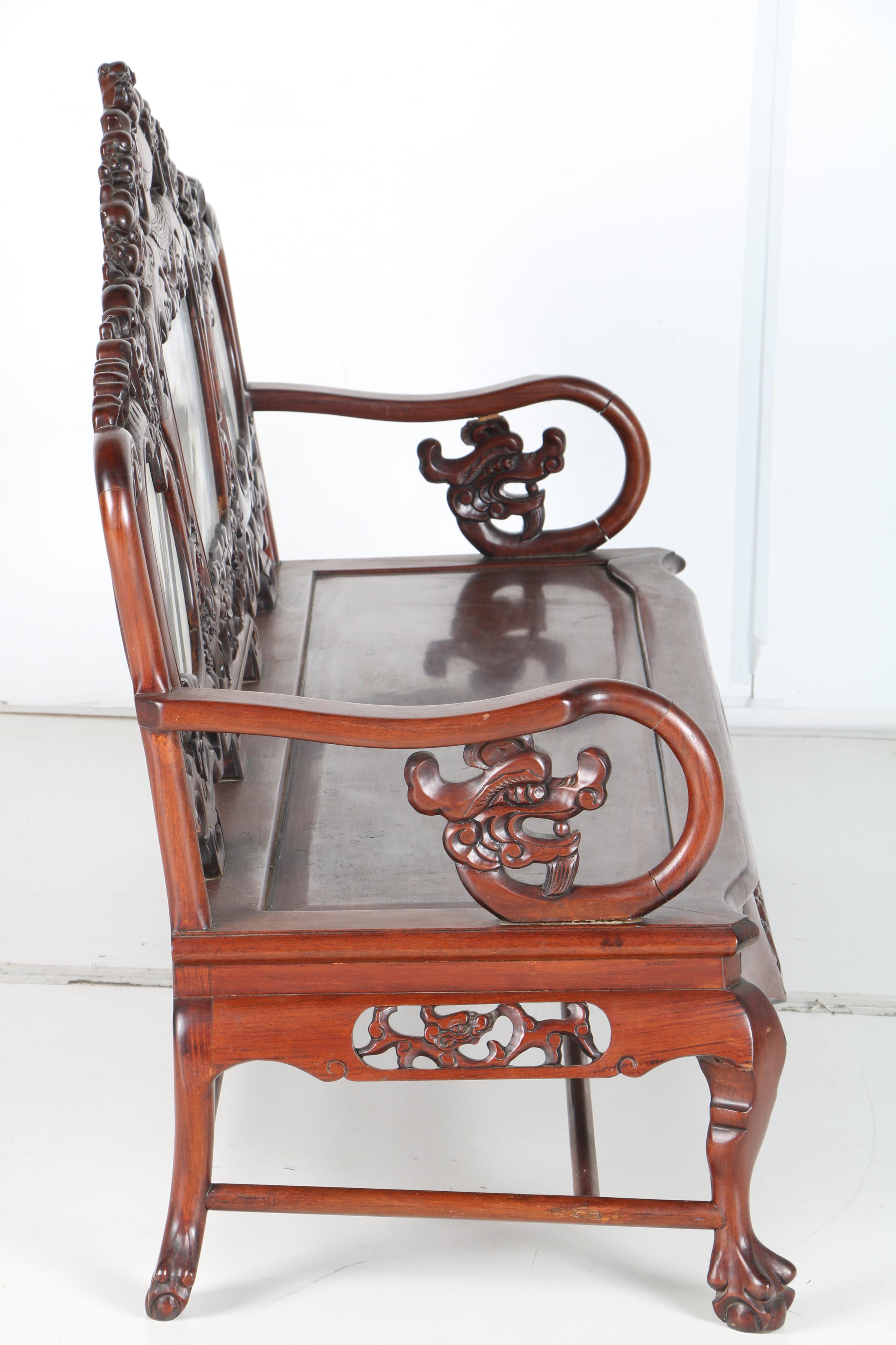 Vintage Carved Mahogany Chinese Bench With Marble Panels