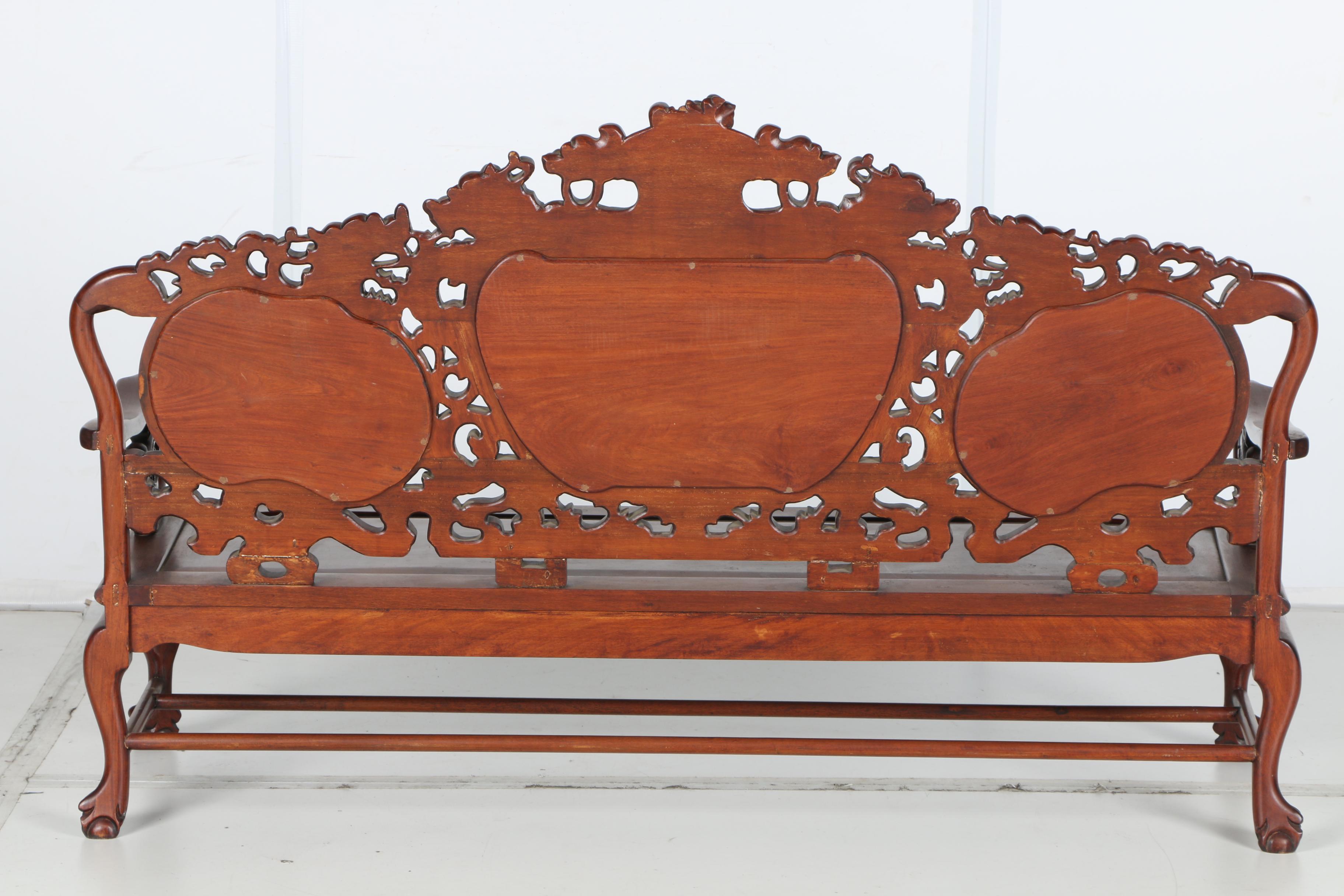Vintage Carved Mahogany Chinese Bench With Marble Panels