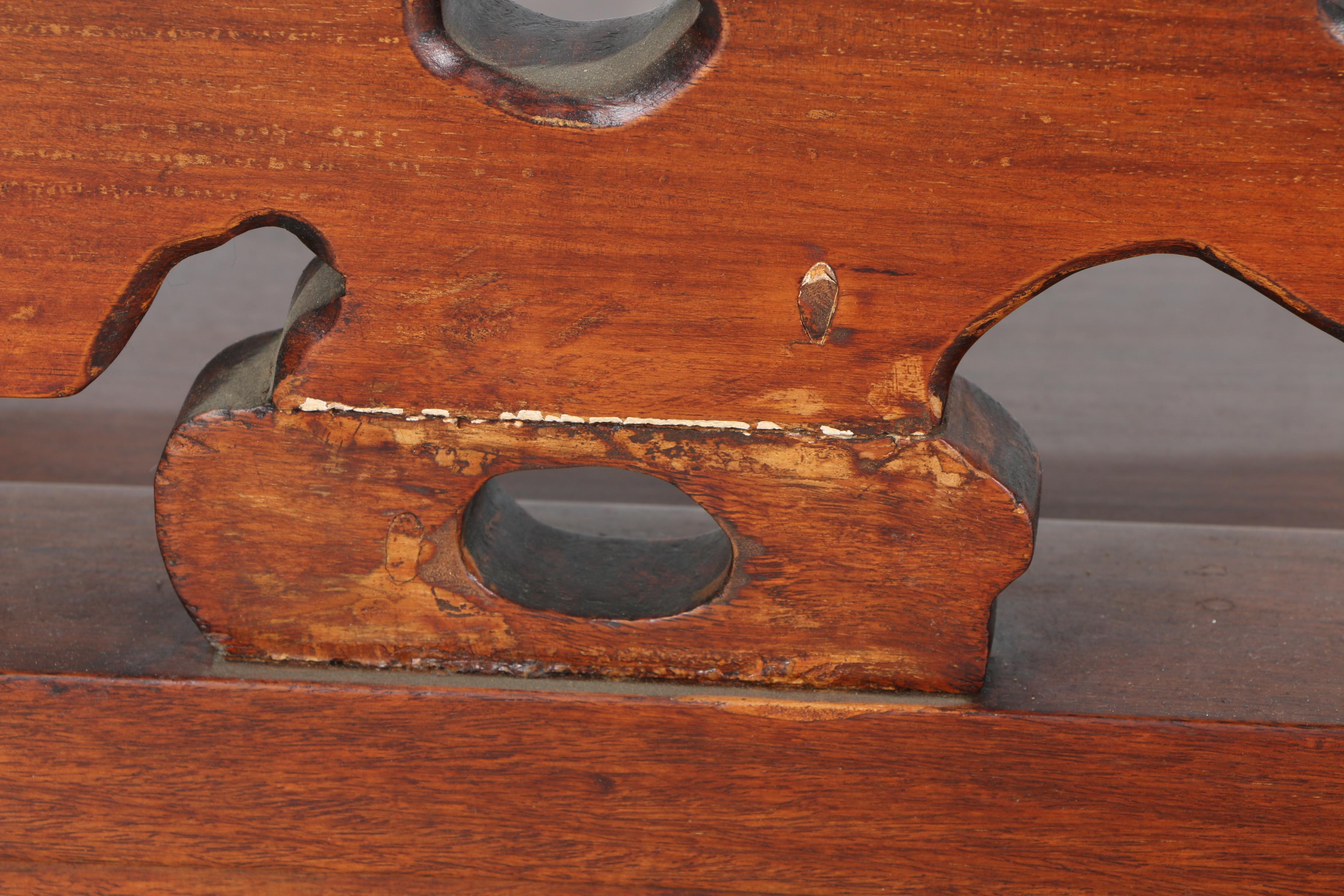 Vintage Carved Mahogany Chinese Bench With Marble Panels