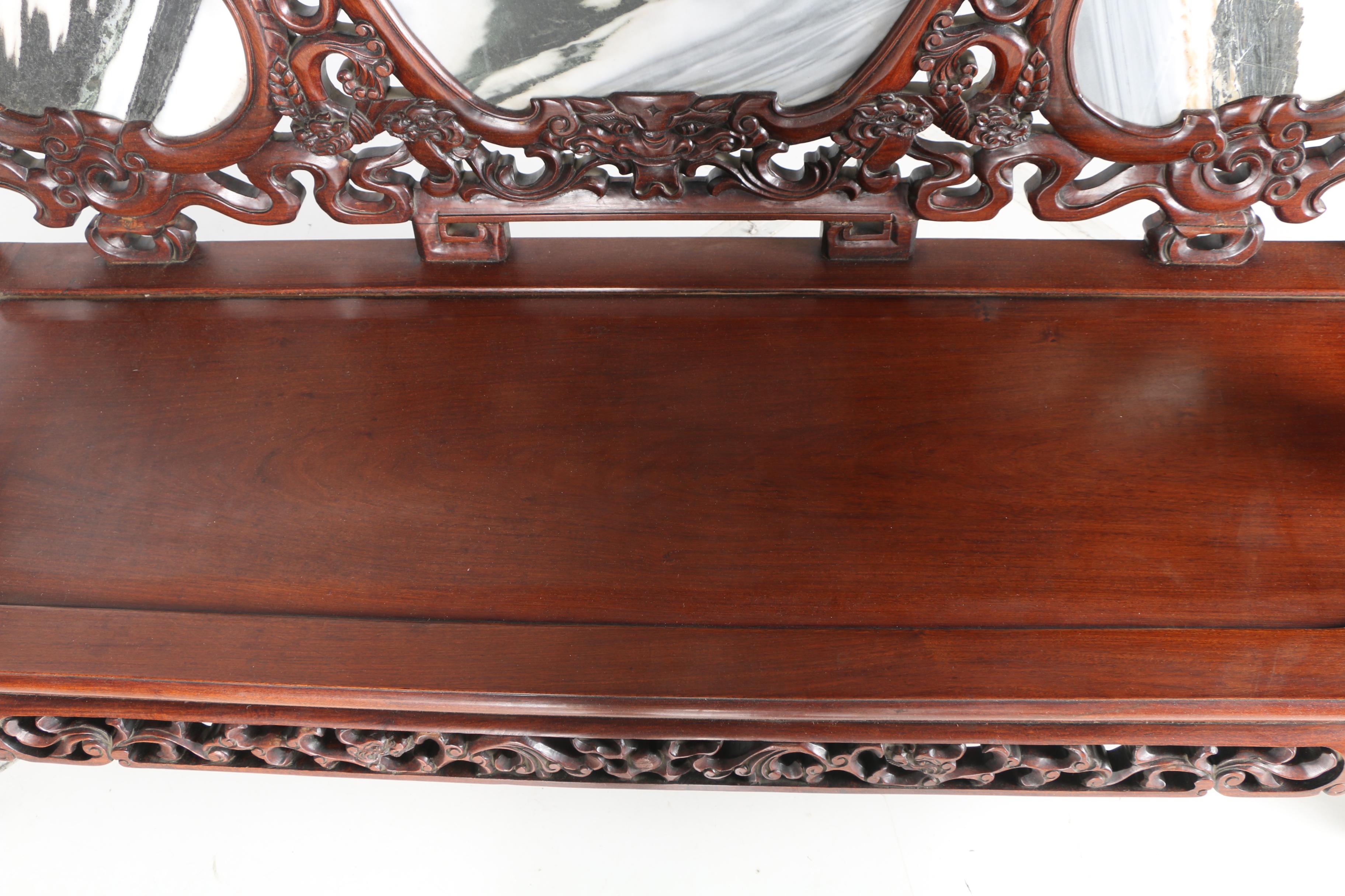 Vintage Carved Mahogany Chinese Bench With Marble Panels