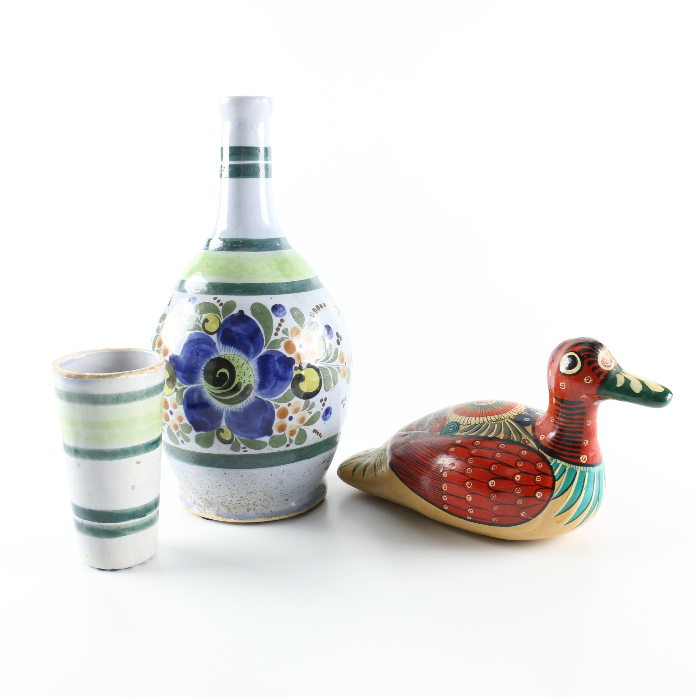 Painted Ceramic Decoy Duck and Decanter with Cup