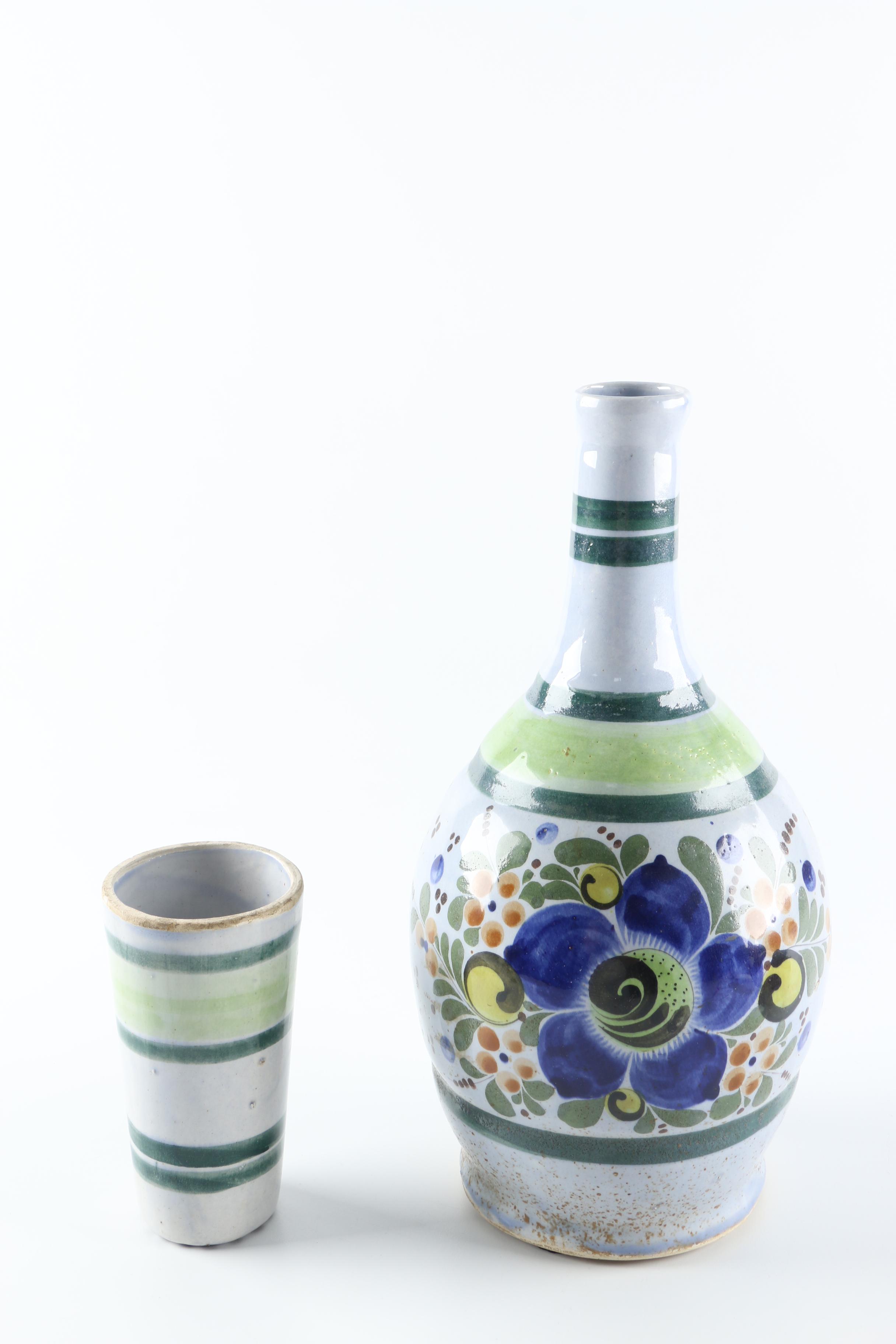 Painted Ceramic Decoy Duck and Decanter with Cup