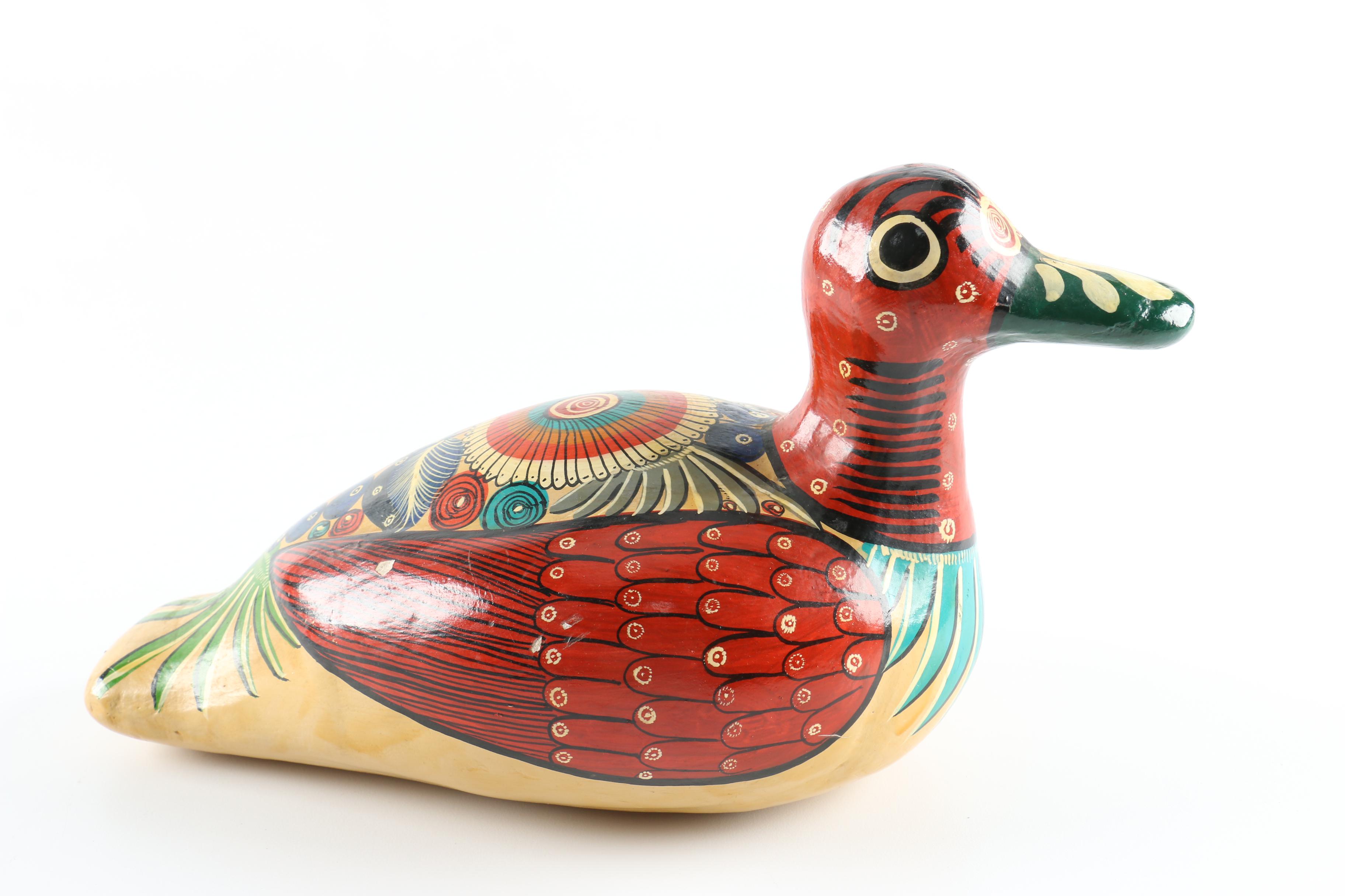 Painted Ceramic Decoy Duck and Decanter with Cup