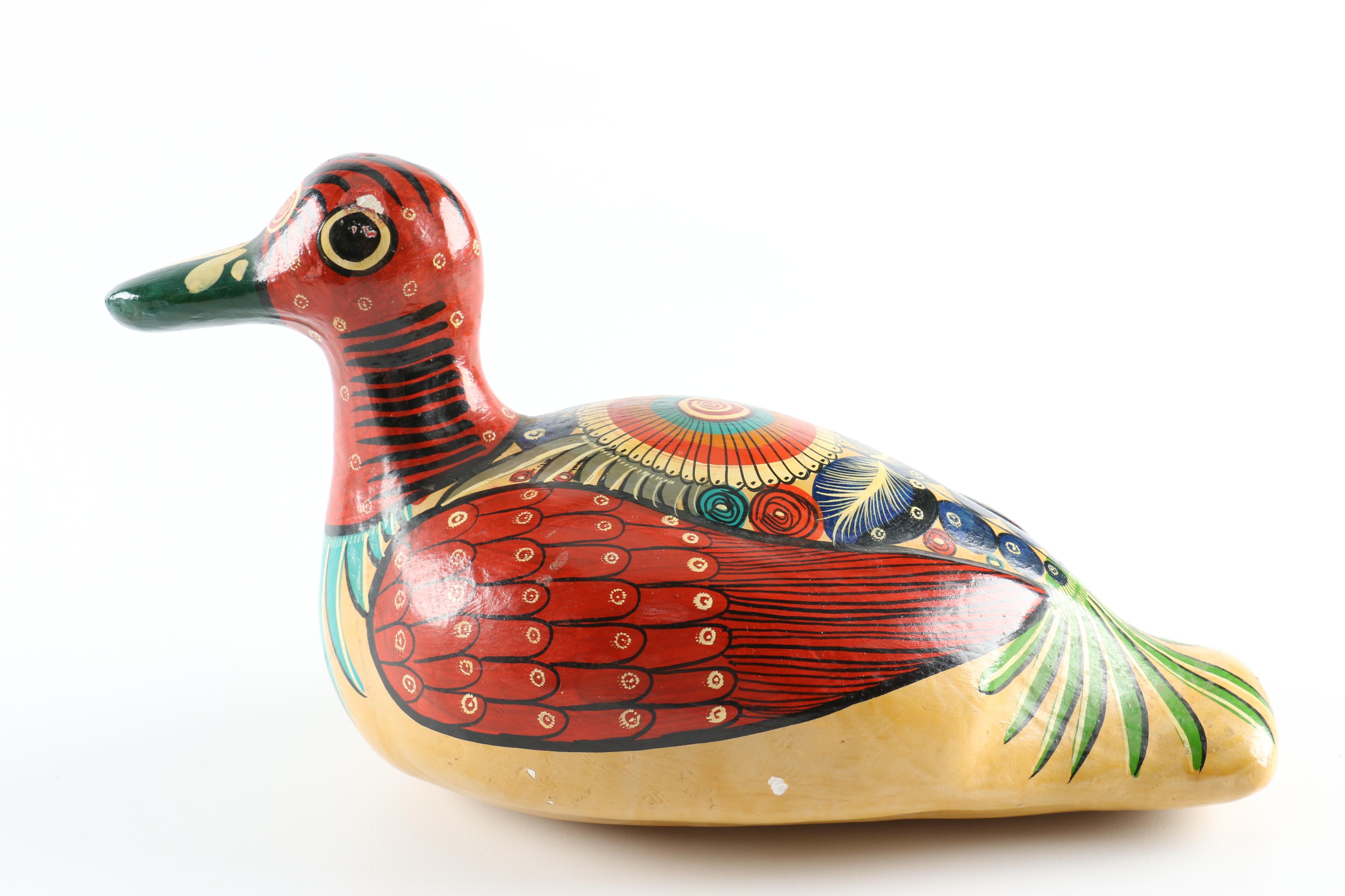 Painted Ceramic Decoy Duck and Decanter with Cup