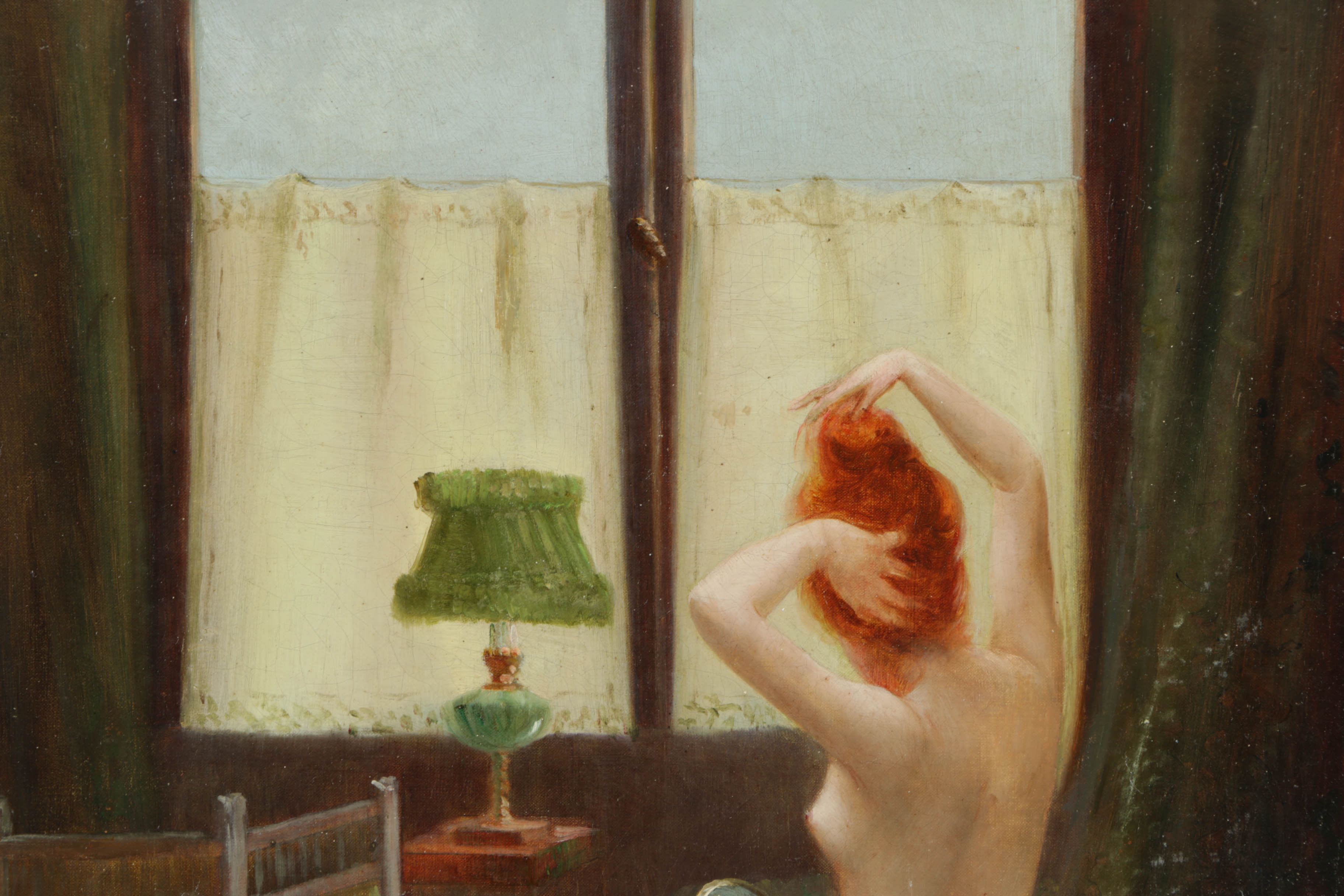 Georges Mouton Oil Painting on Canvas of Interior with Nude Woman