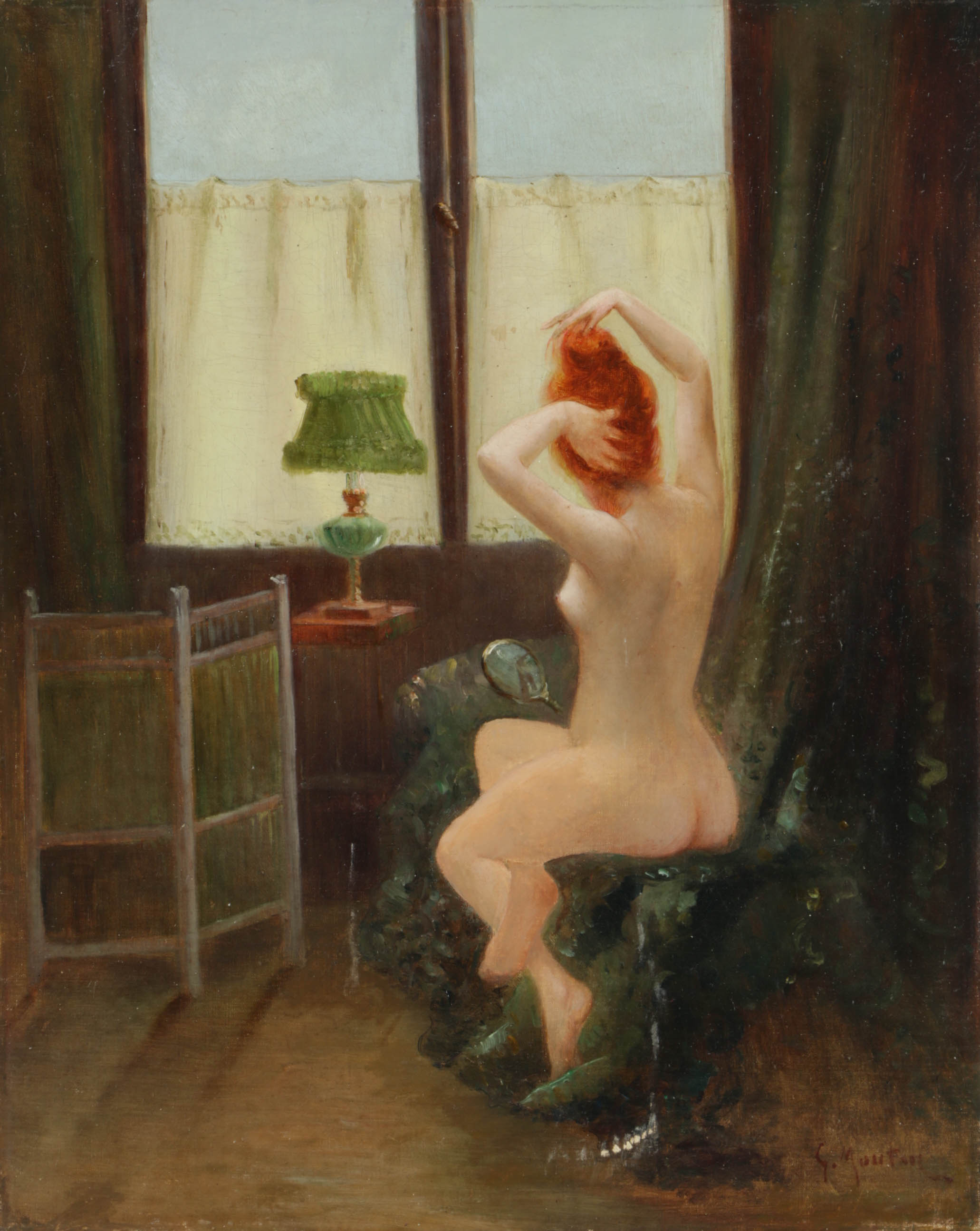 Georges Mouton Oil Painting on Canvas of Interior with Nude Woman