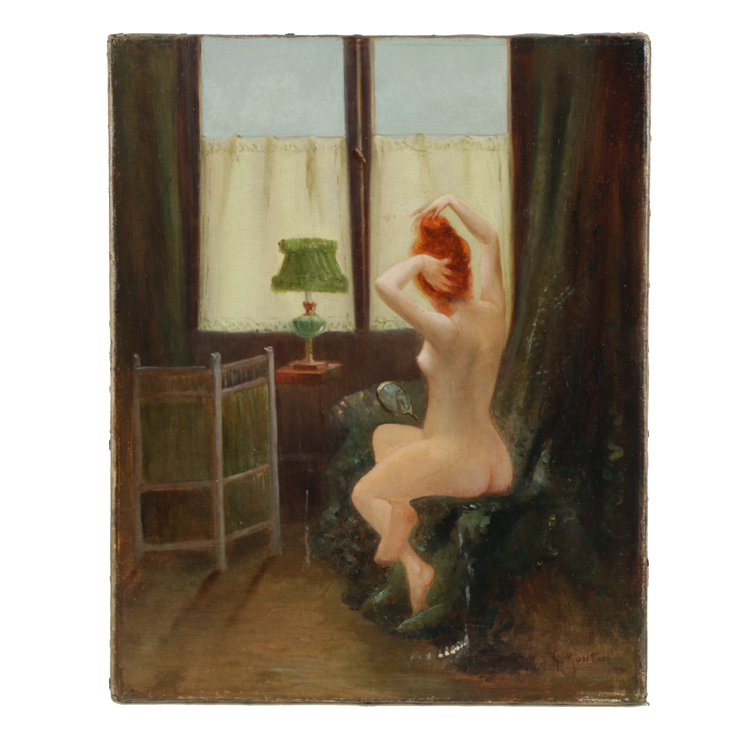 Georges Mouton Oil Painting on Canvas of Interior with Nude Woman