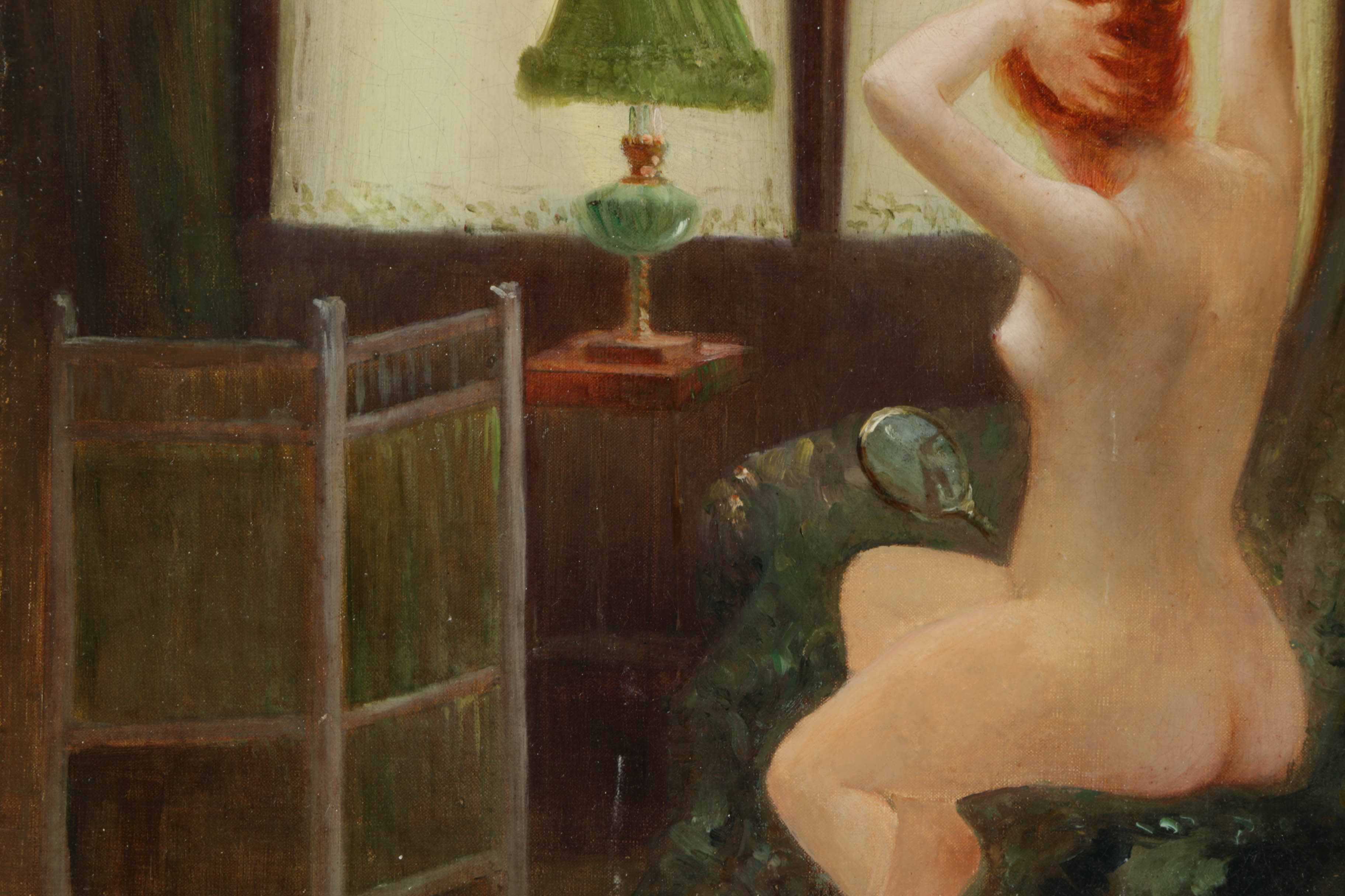 Georges Mouton Oil Painting on Canvas of Interior with Nude Woman