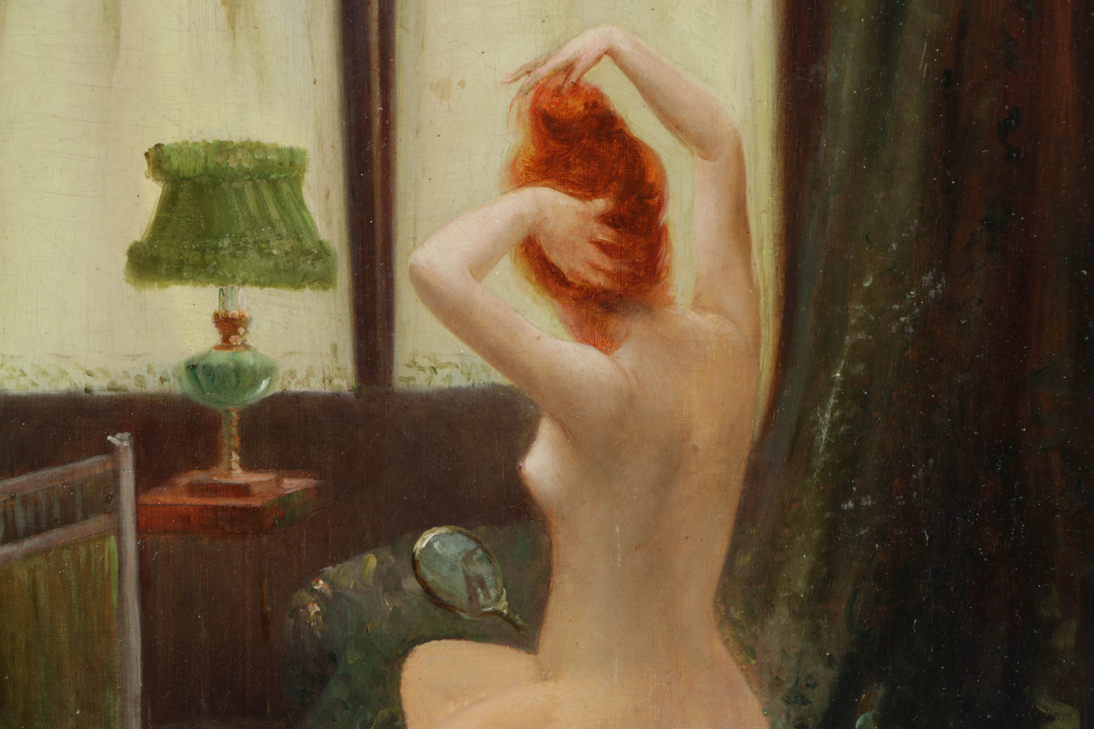 Georges Mouton Oil Painting on Canvas of Interior with Nude Woman