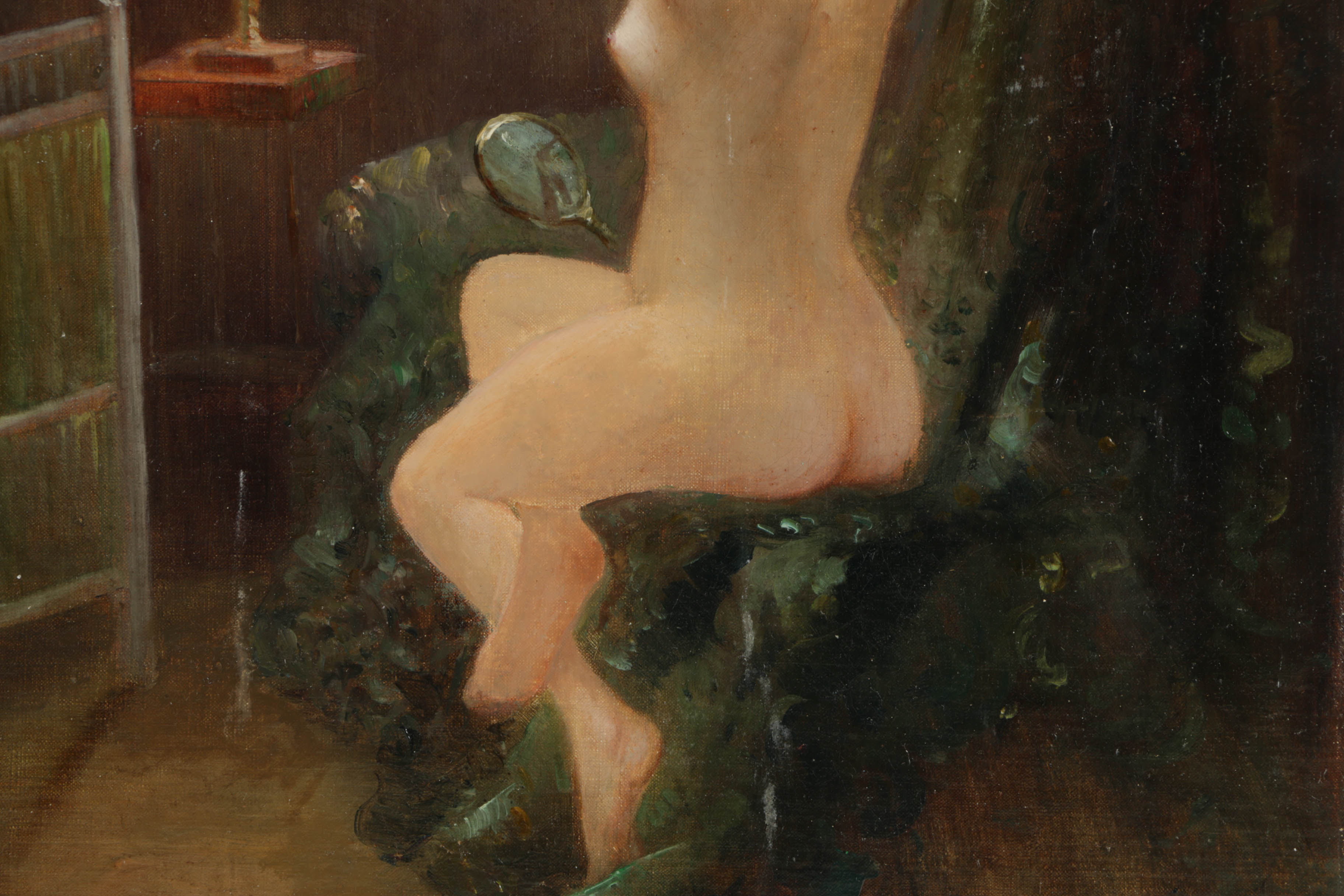 Georges Mouton Oil Painting on Canvas of Interior with Nude Woman