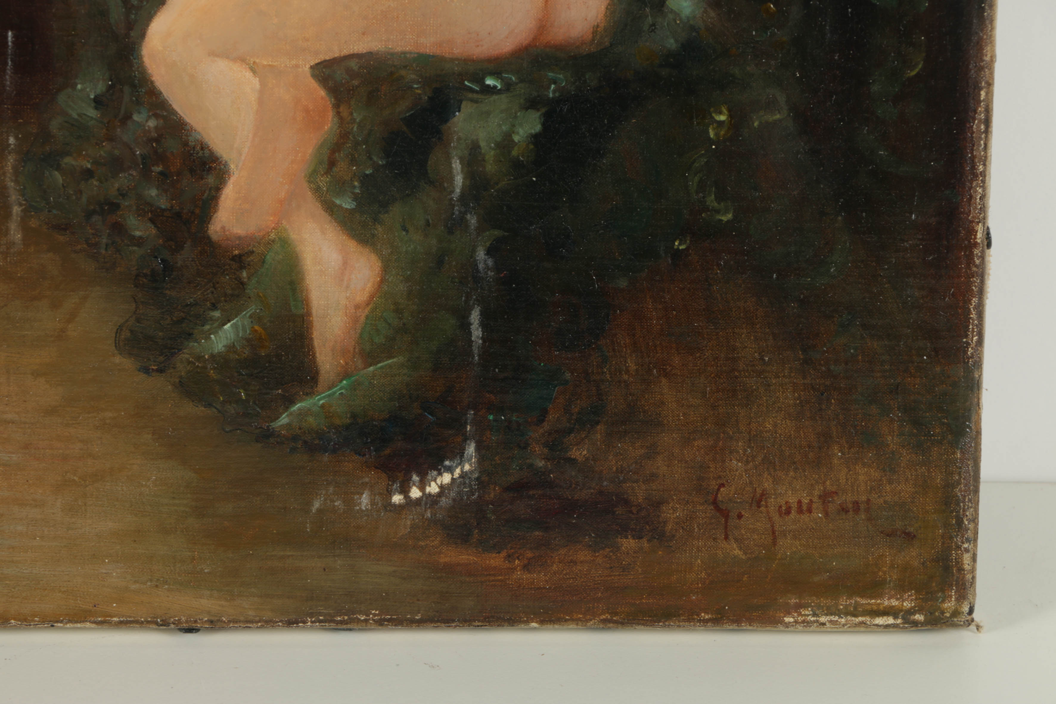 Georges Mouton Oil Painting on Canvas of Interior with Nude Woman