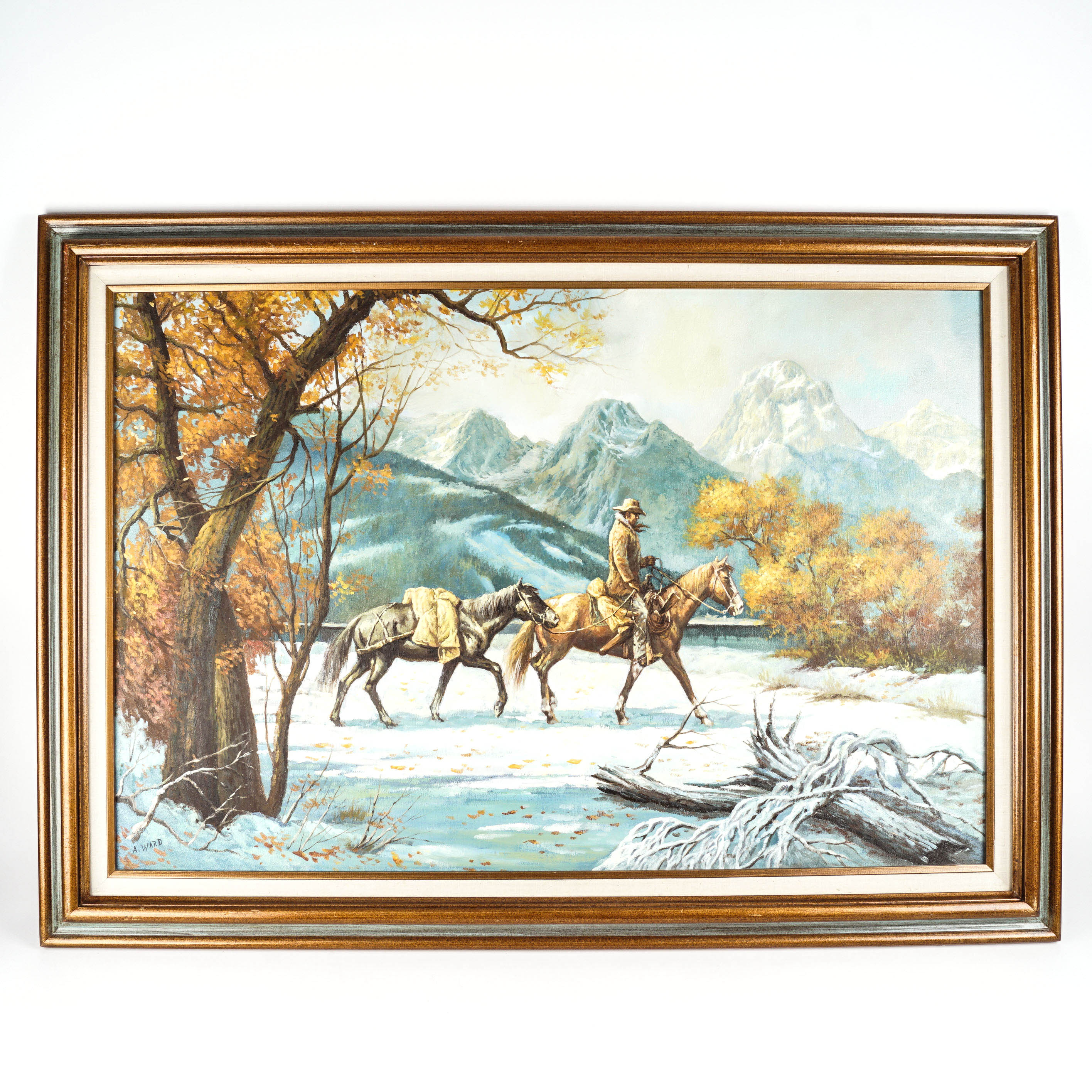 Oil Painting of Man on a Horse in Mountains