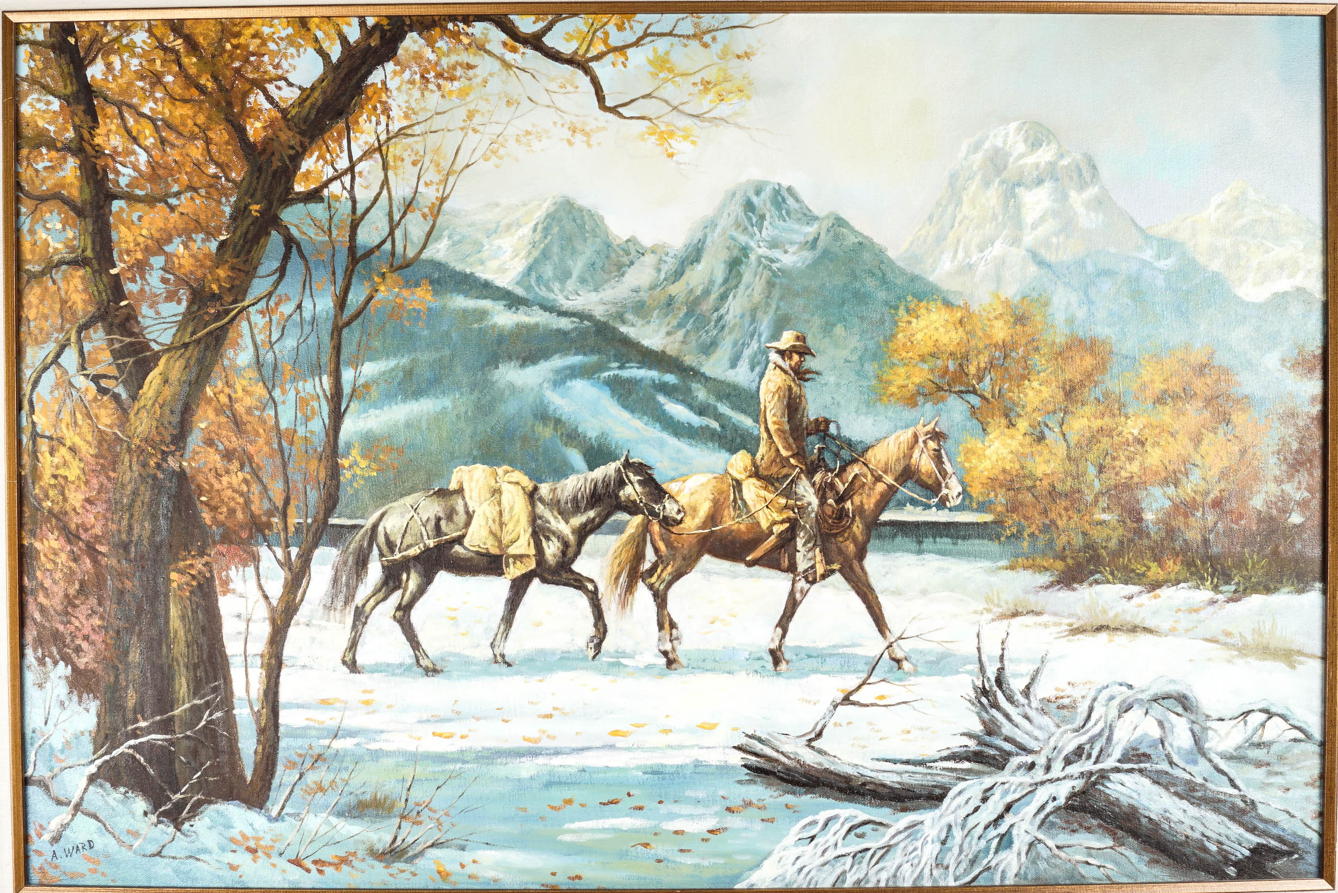 Oil Painting of Man on a Horse in Mountains