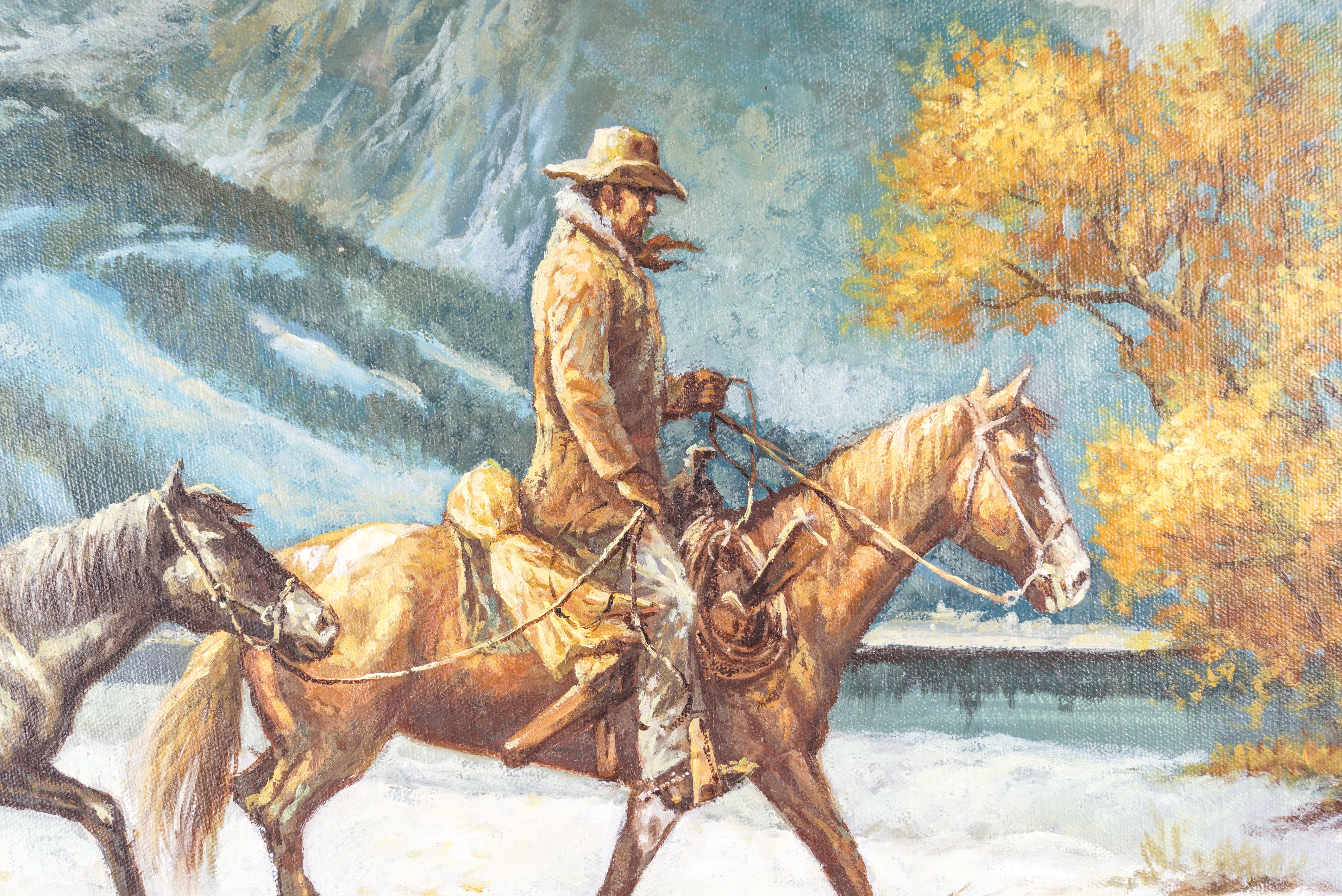 Oil Painting of Man on a Horse in Mountains