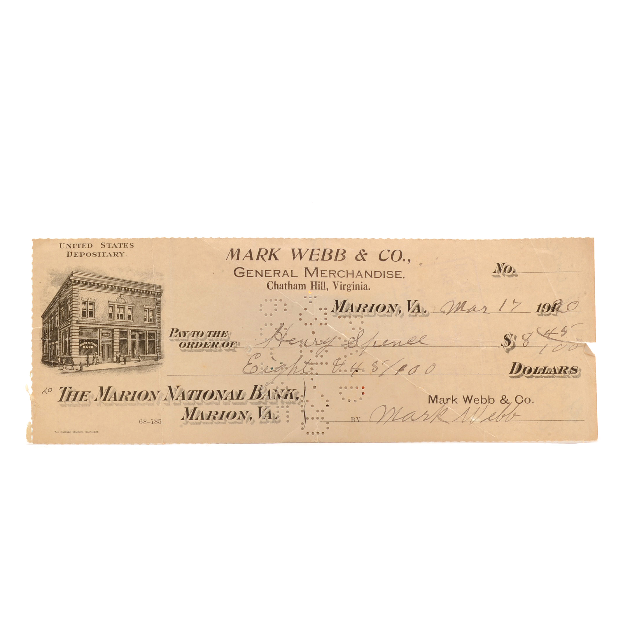 1920 cancelled check from the Marion National Bank of Marion, VA