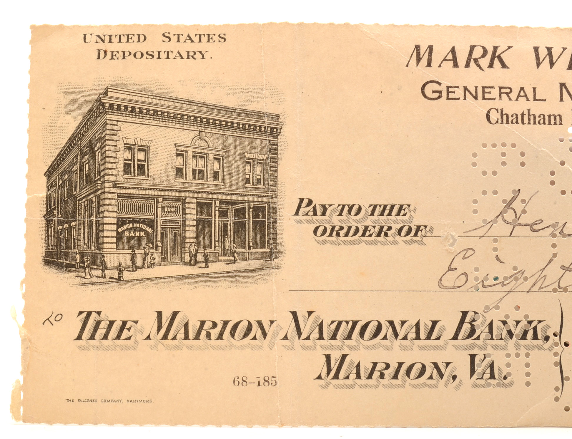 1920 cancelled check from the Marion National Bank of Marion, VA