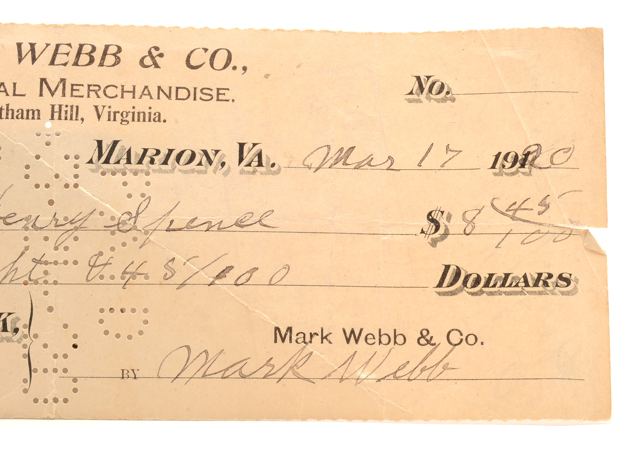 1920 cancelled check from the Marion National Bank of Marion, VA