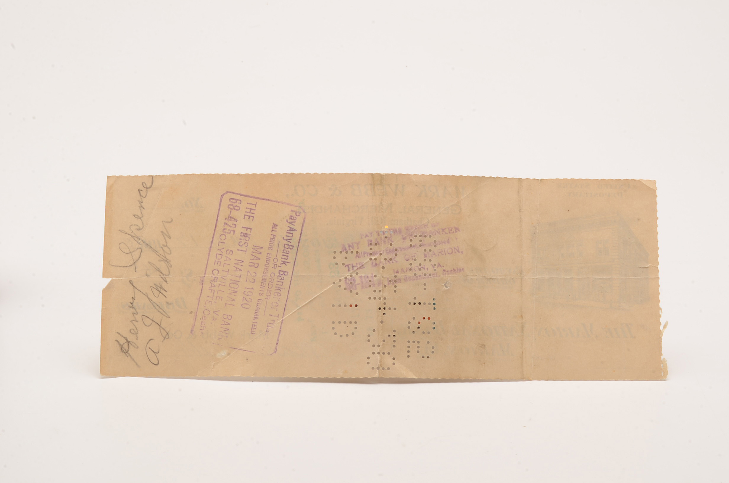 1920 cancelled check from the Marion National Bank of Marion, VA