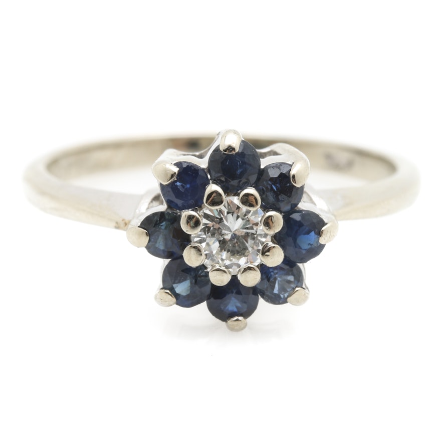 14K White Gold Diamond and Sapphire Cluster Ring