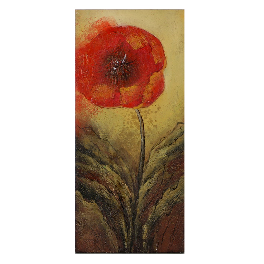 Mixed Media Painting on Canvas of a Red Poppy Flower