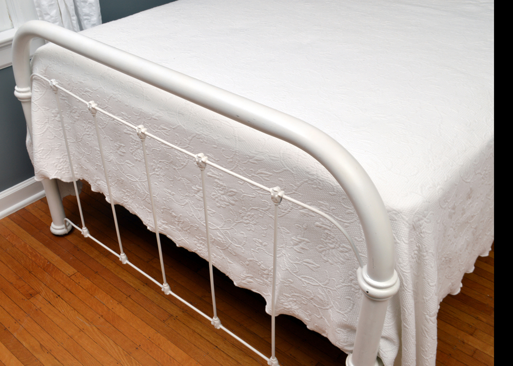 Vintage Cast Iron and Metal Full Size Bed Frame With Bedding
