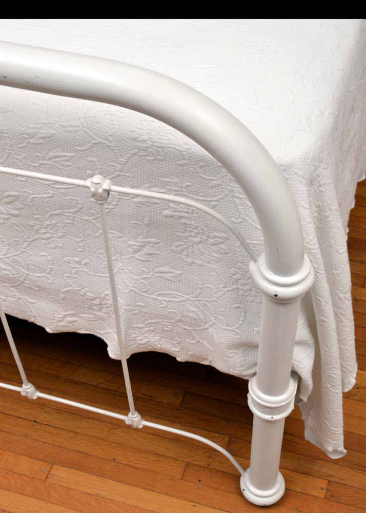 Vintage Cast Iron and Metal Full Size Bed Frame With Bedding