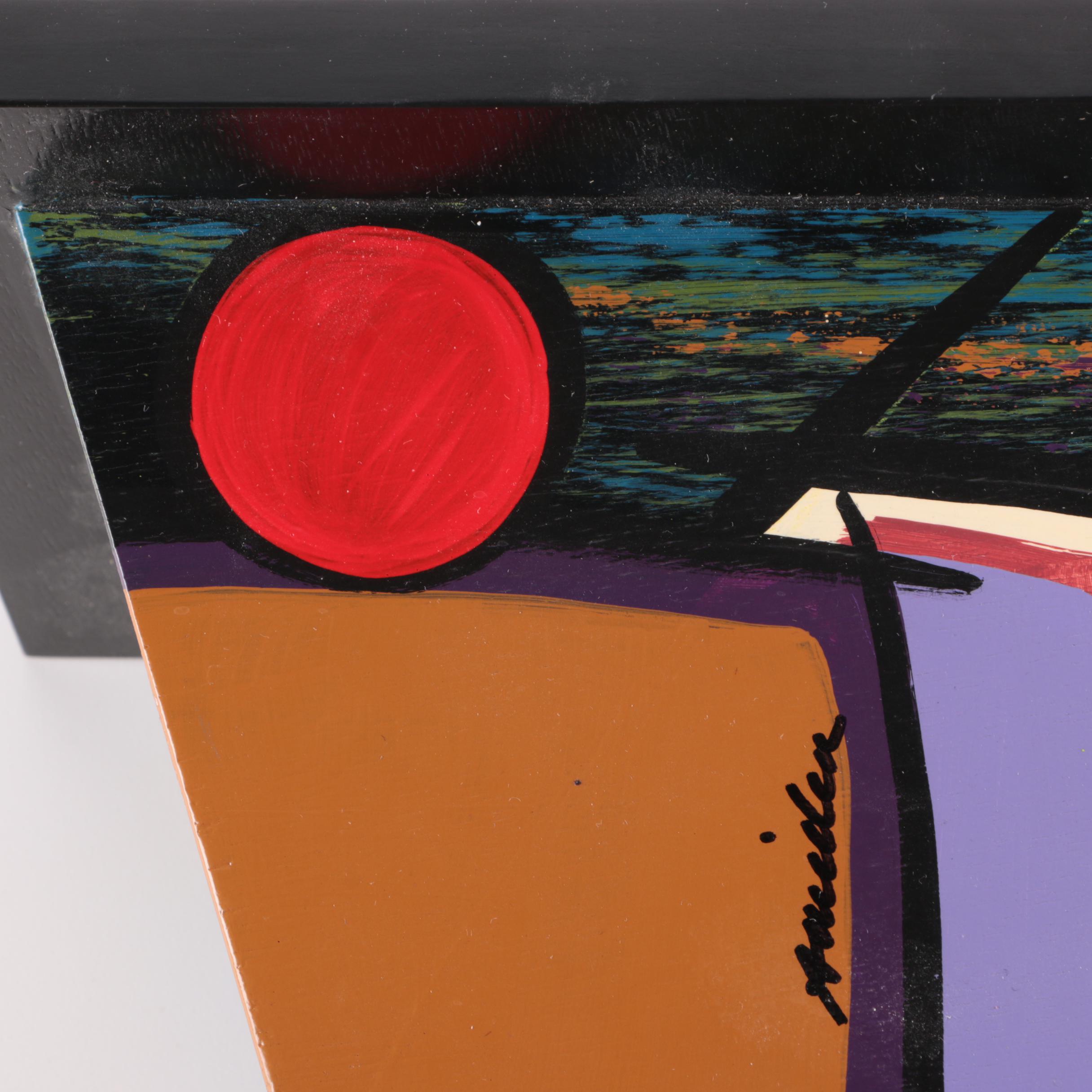 Signed Acrylic Painting on Wooden Shelf Sculpture