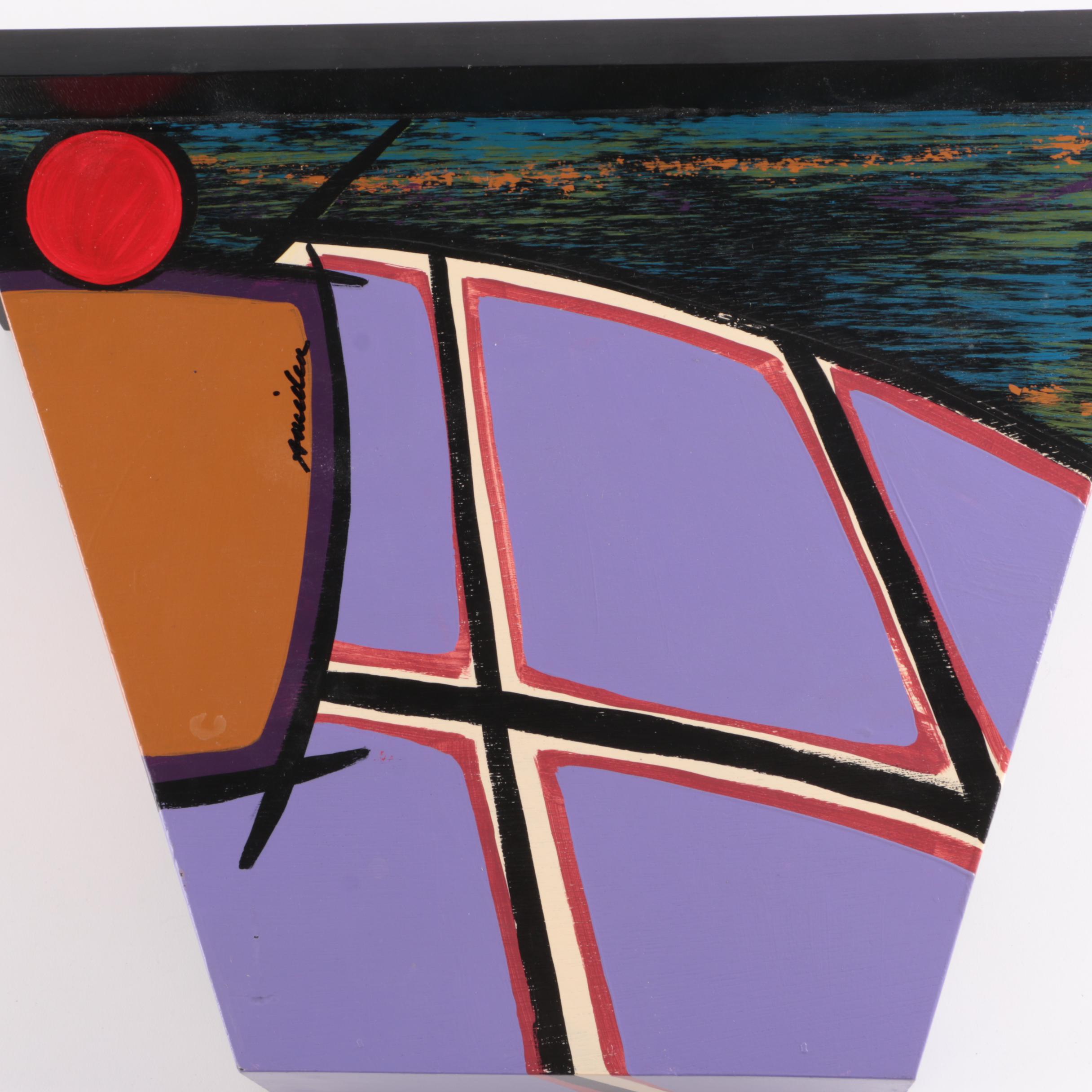 Signed Acrylic Painting on Wooden Shelf Sculpture