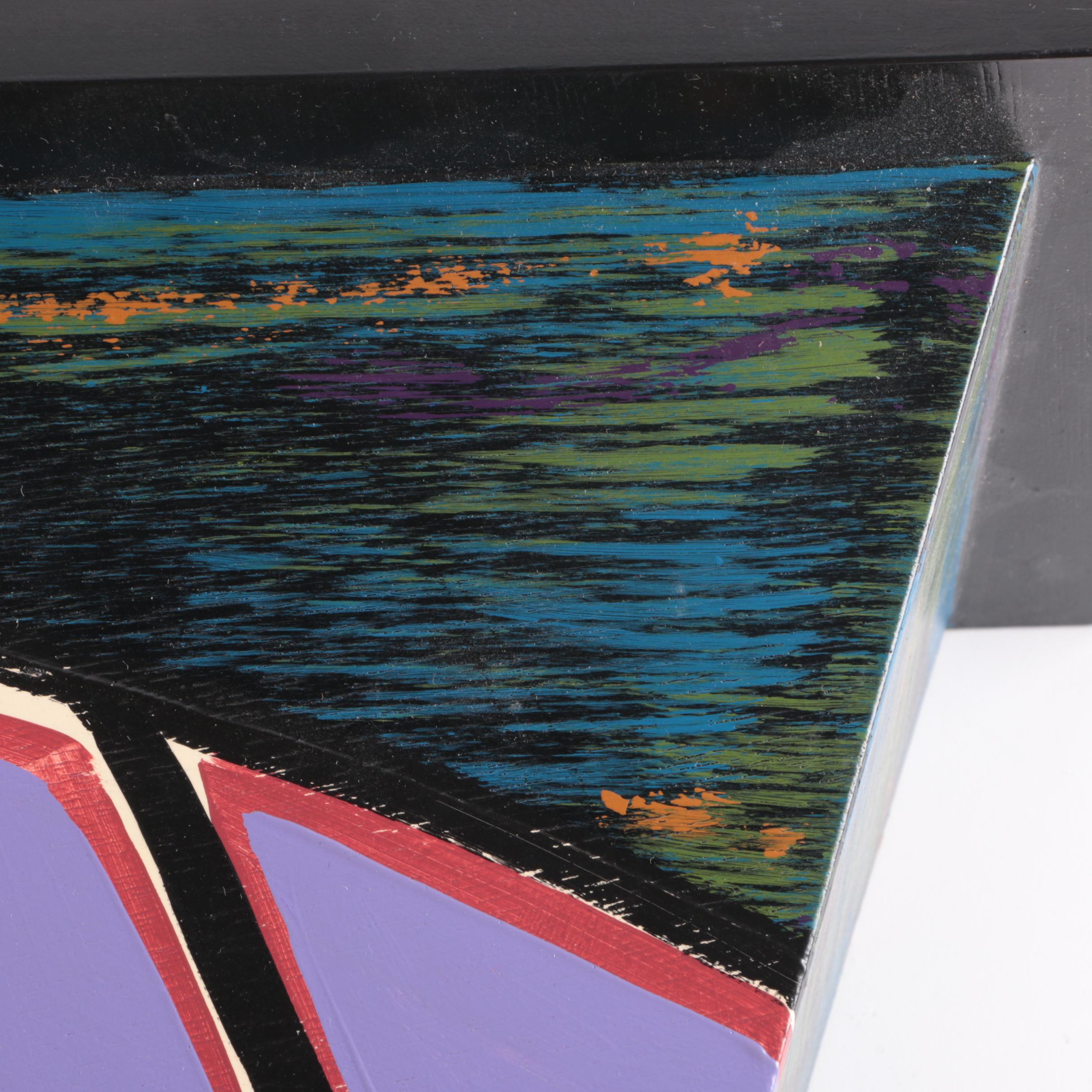 Signed Acrylic Painting on Wooden Shelf Sculpture