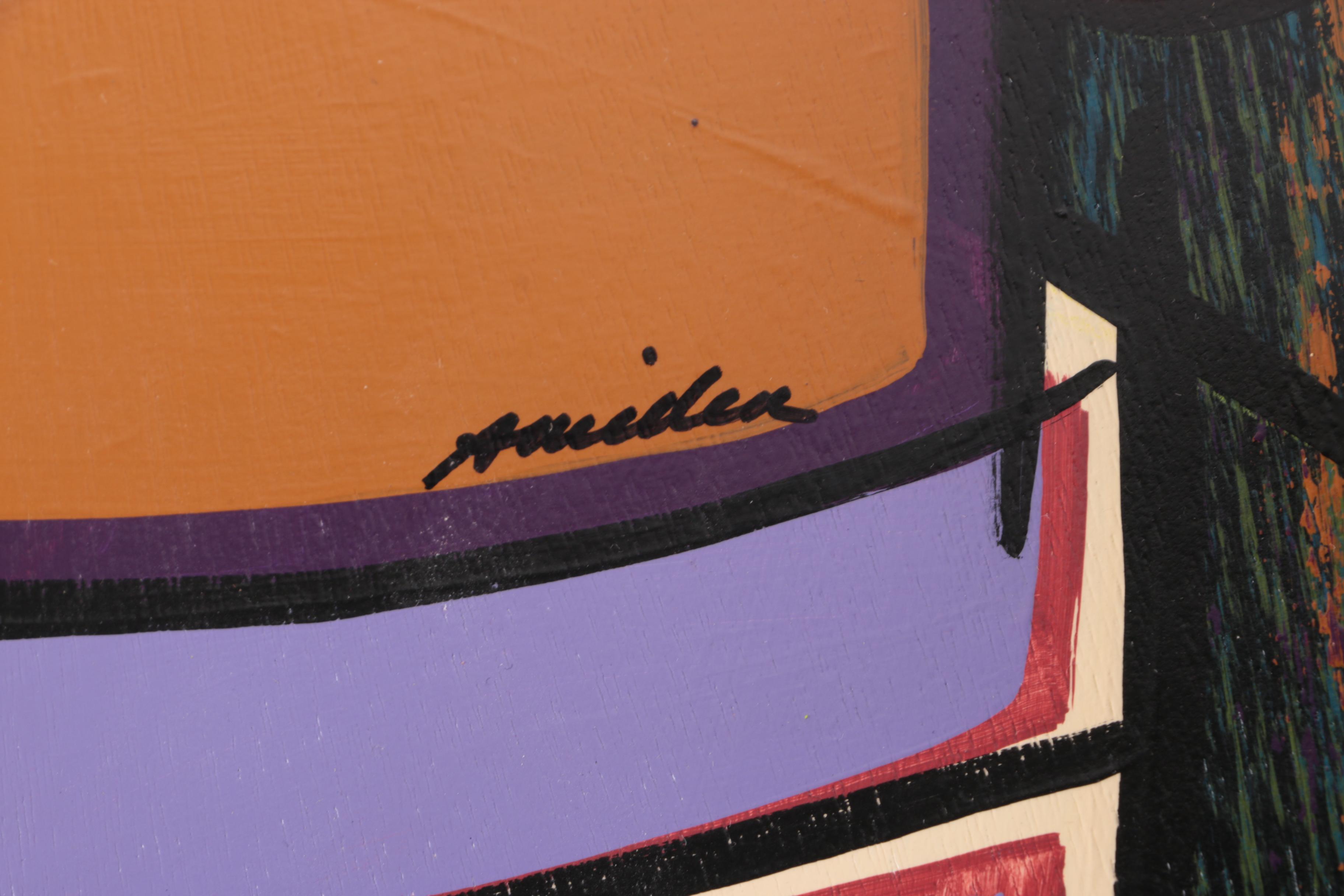 Signed Acrylic Painting on Wooden Shelf Sculpture