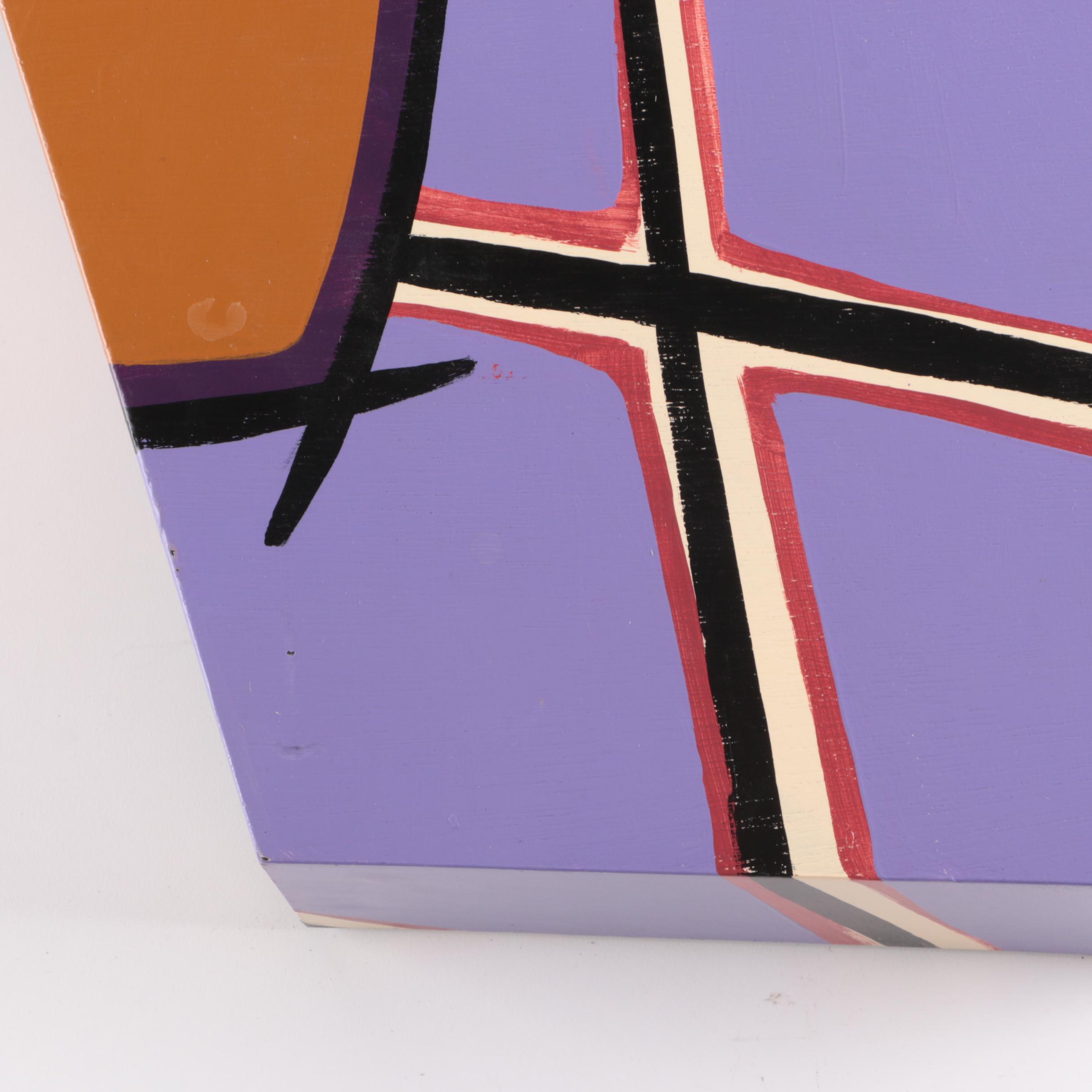 Signed Acrylic Painting on Wooden Shelf Sculpture