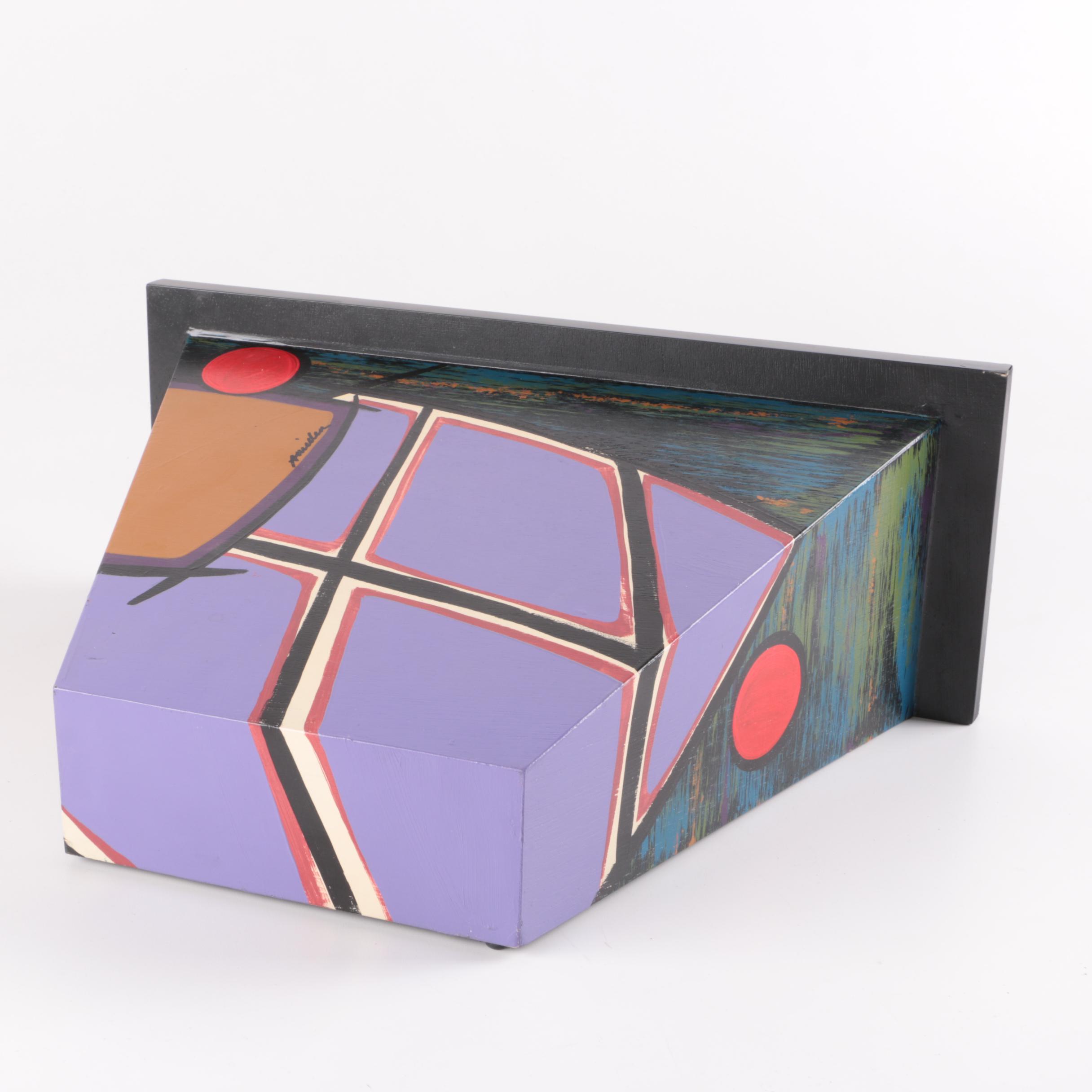 Signed Acrylic Painting on Wooden Shelf Sculpture