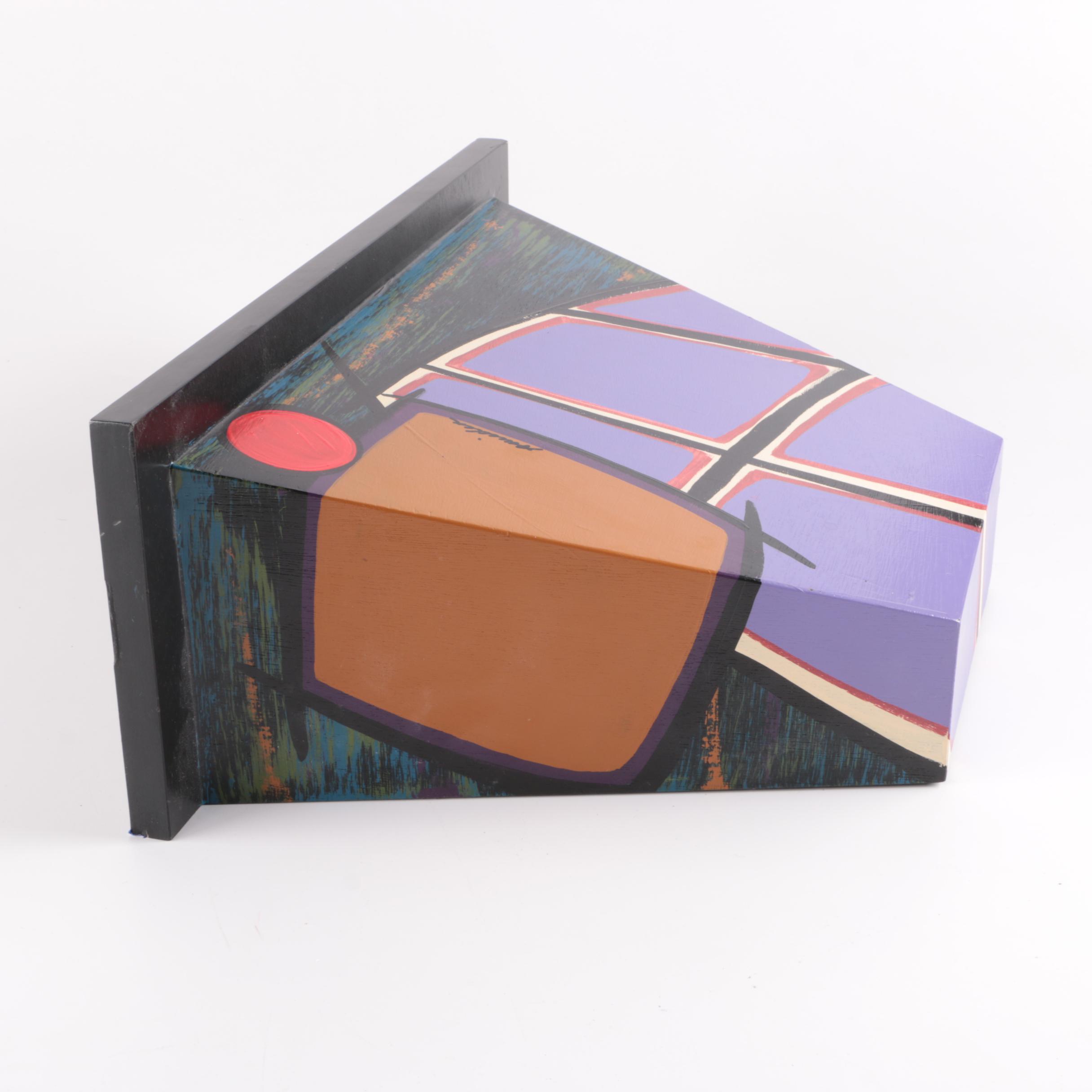 Signed Acrylic Painting on Wooden Shelf Sculpture