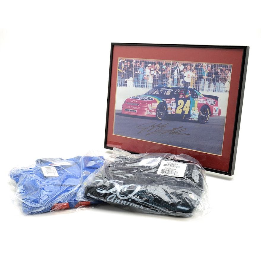 Jeff Gordon Signed NASCAR Display and Two New Shirts