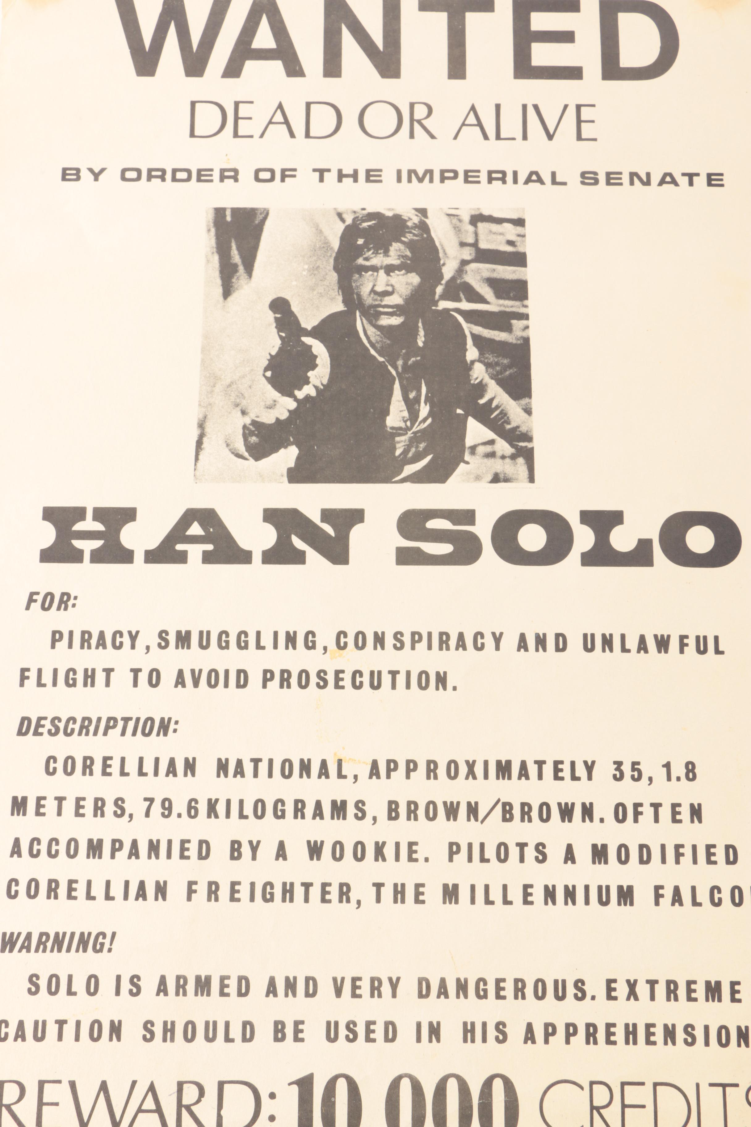 "Star Wars" Offset Lithograph on Paper Han Solo Wanted Poster